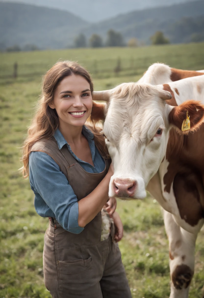 A Beautiful farmer woman smiling as she poses for a photograph with her Cow, hyper realistic, crystal clear image