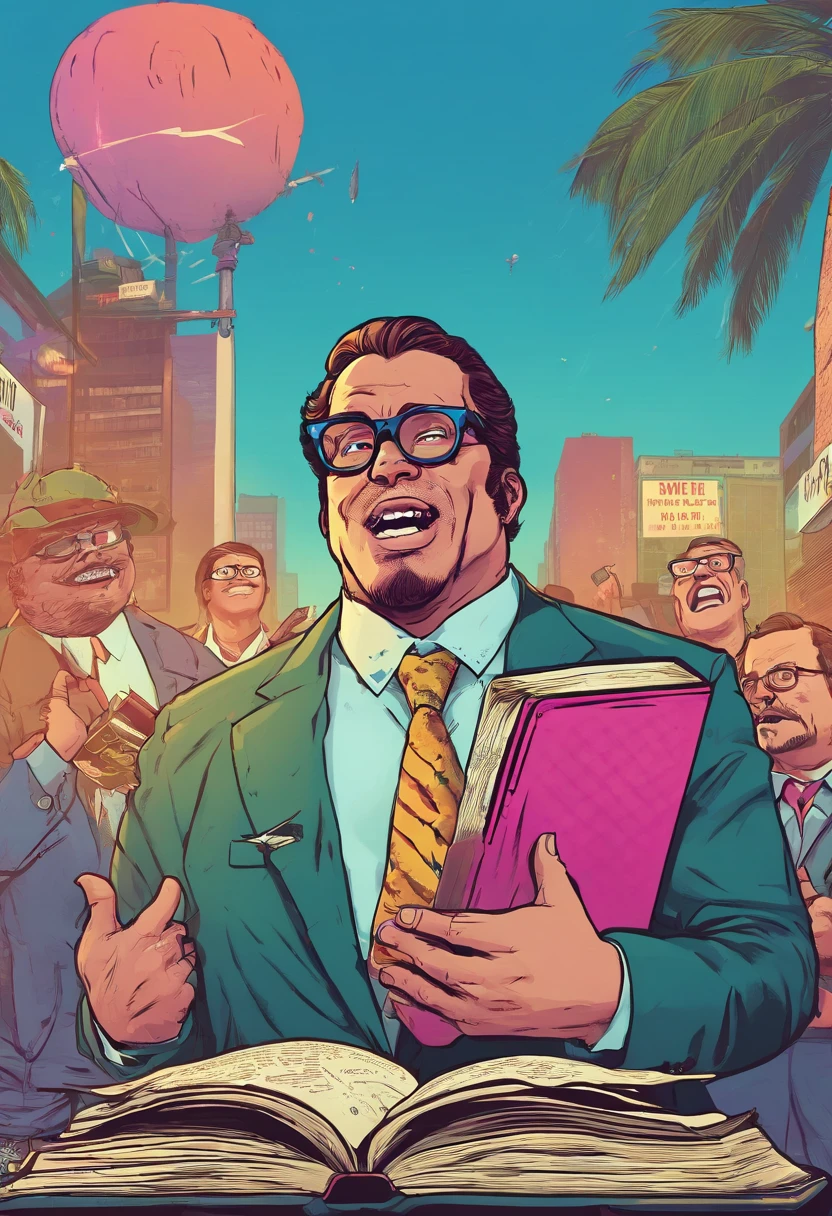 1 man with glasses, suit and a Bible in your hand, Preaching in the public square, He's a little fat and he's pretty enthusiastic.