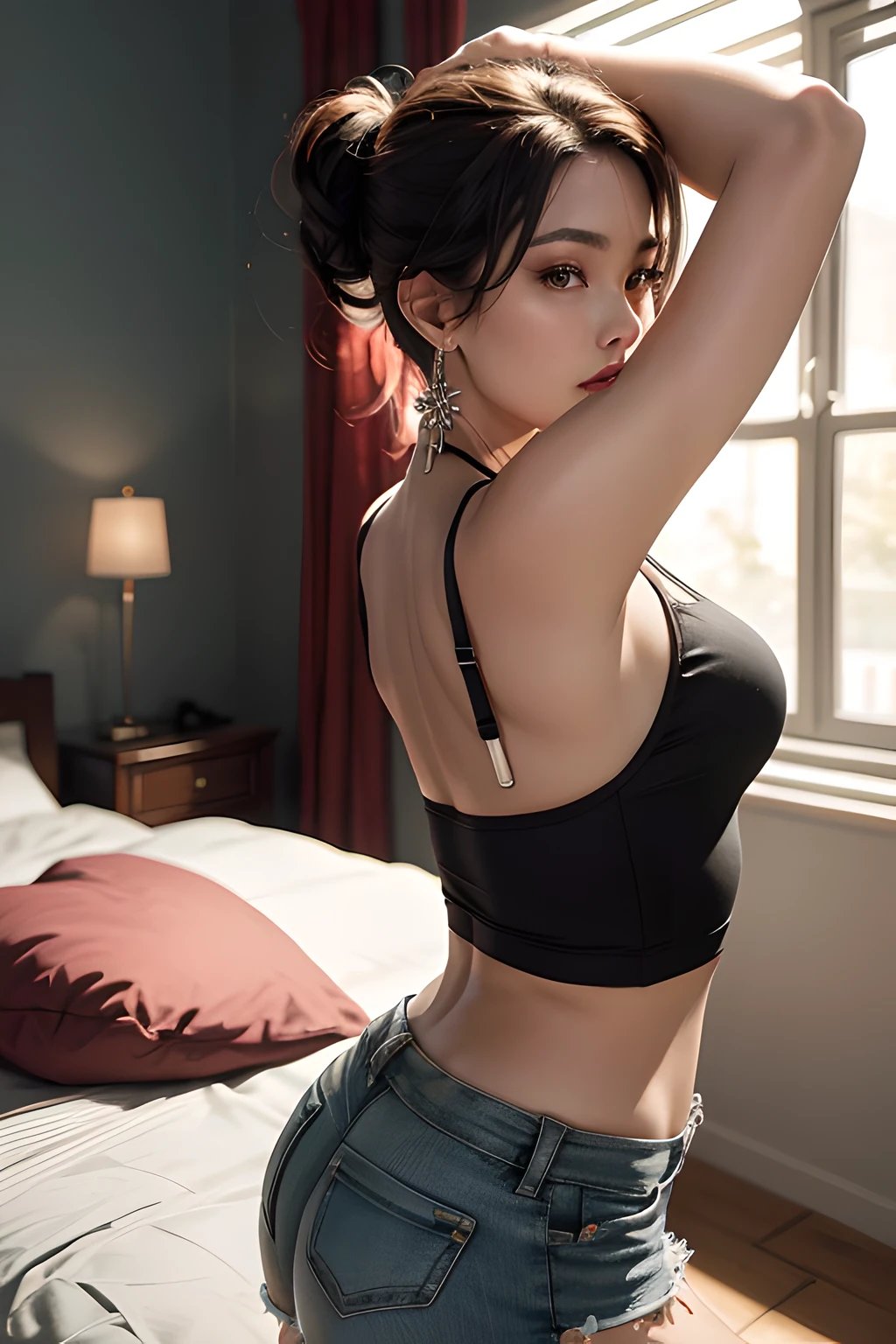 a beautiful lady, 22 year, attractive, appealing, seductive, fascinating, alluring, sexy, wearing short tank top with high-waisted shorts, earrings, arched back, volumetric light, bedroom background, 8k, intricately detailed, UHD