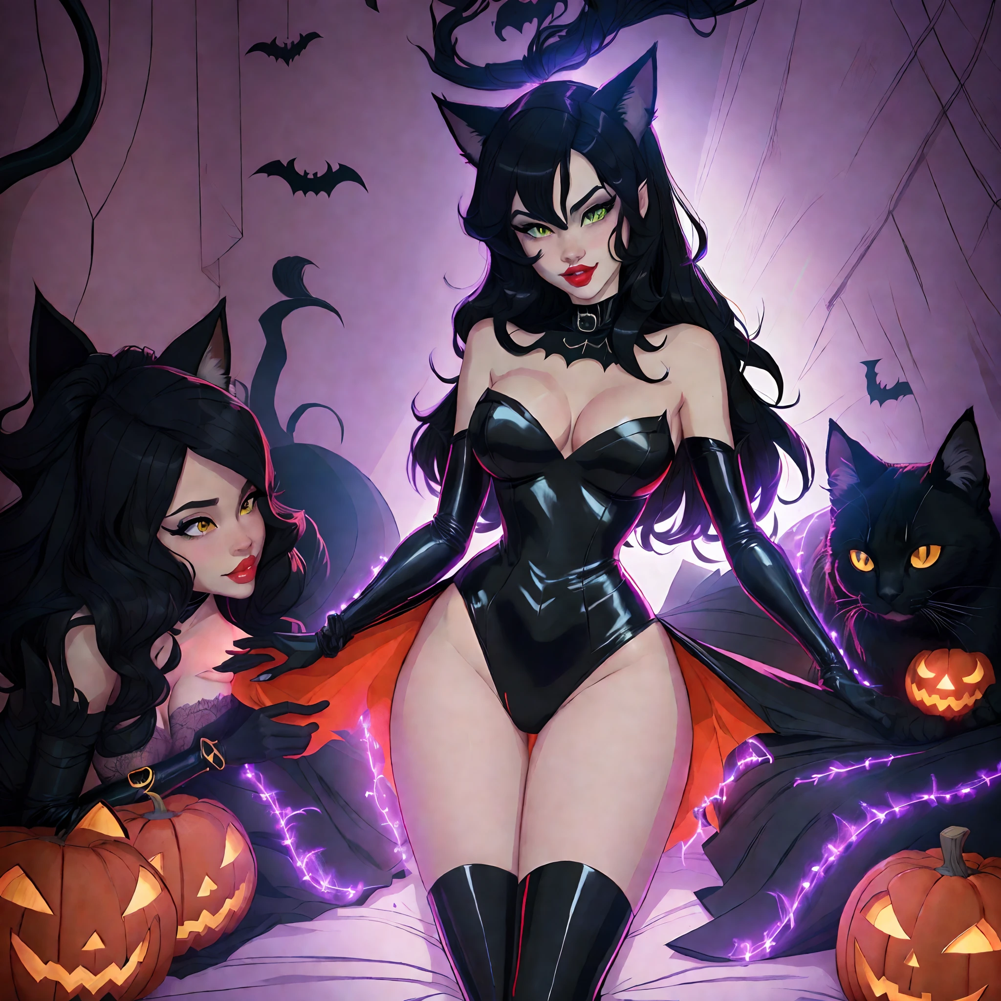 comic style, witch in a black cat suit with a red cape and a black cat tail, halloween art style, commission for high res, in a halloween style, extremely detailed artgerm, trick or treat, attractive cat girl, anigirl batman, succubus in tight short dress, beautiful succubus, cat girl, ahri, in the style artgerm, commission for