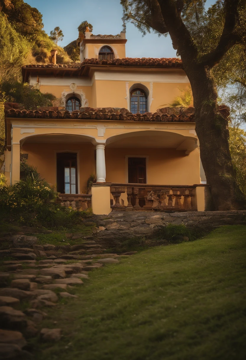 : Rafael, aproximadamente 5 anos de idade, cabelo curto estilo Disney, olhos castanhos e sorrisos. garota: Melissa , 32 anos, longos cabelos castanho claro e olhos pretos. scenecy: Miguel and Giovana are in a cozy little house in the valley, ao fundo um dia ensolarado, Destacando o Sol.