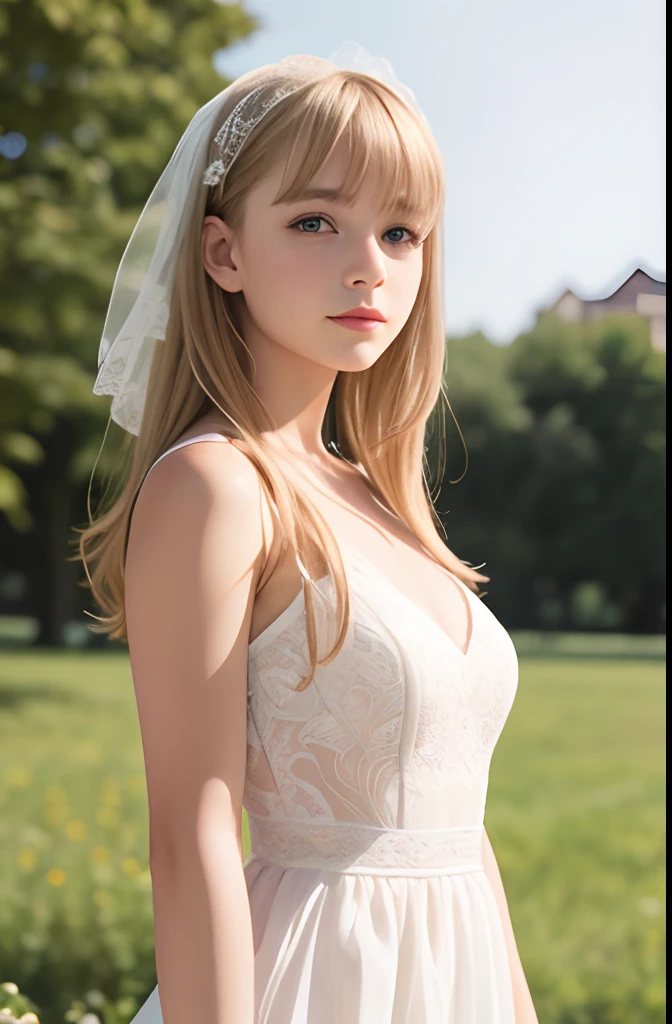 A girl,,european countryside,blonde,bangs bangs,pretty face,wedding dress,thick muscular arms