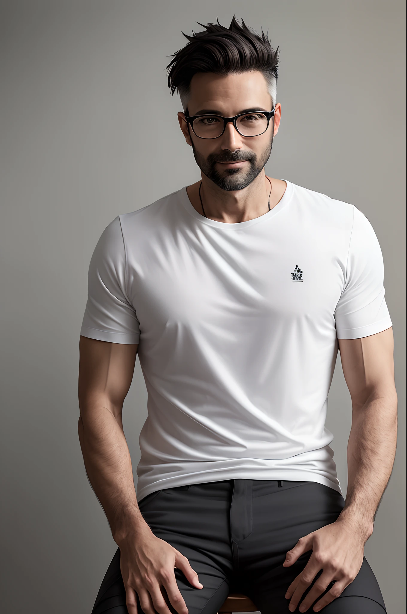 Handsome 39-year-old man with very short dark gray hair on sides and a high spiky top, a long forehead, white skin, a small nose and small eyes, grayish brown middle-sized beard and rectangular glasses with a black rim, wearing a black and white flowered shirt and white shorts showing his hairy legs