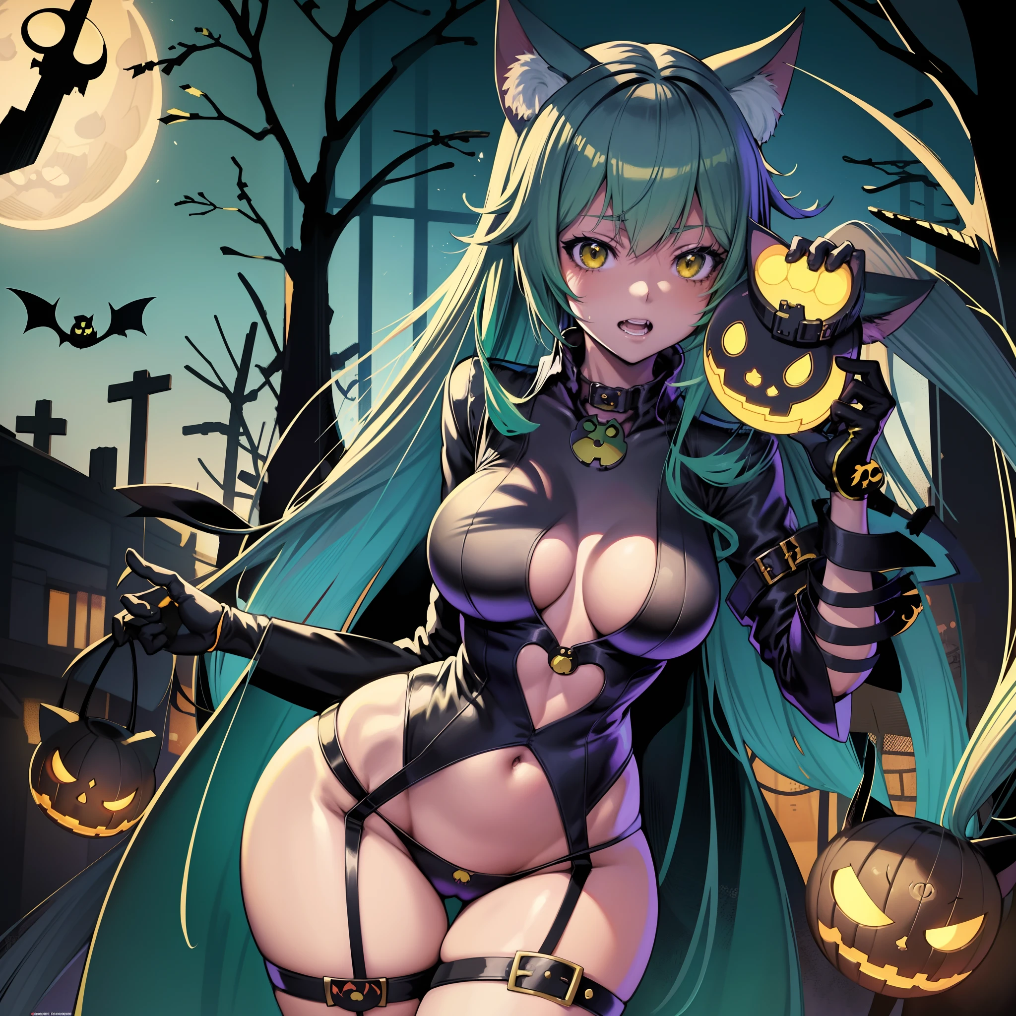 cartoon style, anime girl in a cat costume posing in front of a halloween scene, cat girl, attractive cat girl, commission for high res, halloween art style, catgirl, anime catgirl, beautiful anime catgirl, cute anime catgirl, extremely detailed artgerm, very beautiful anime cat girl, trick or treat, monstergirl, anime girl with cat ears