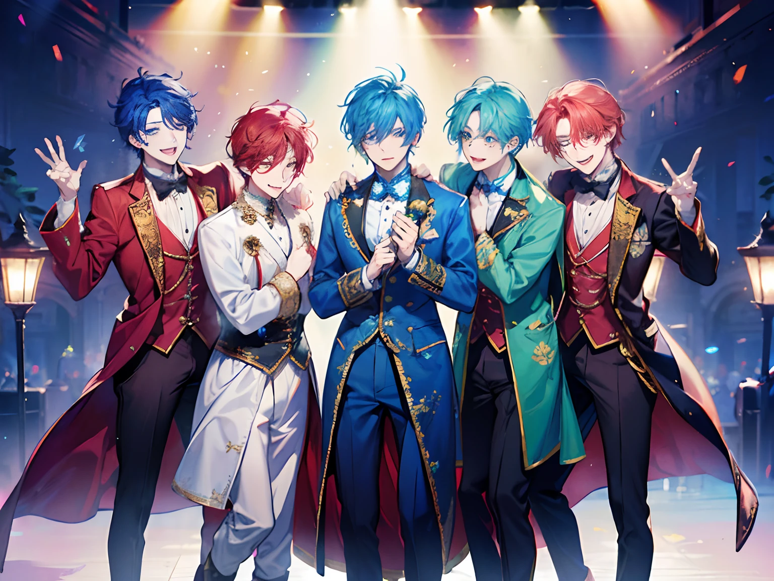 Four Men、A male idol group is doing a live event。Colorful and fantasy costumes。singing a songs.dynamic dancing、A bullish man with red hair, a man with glasses with blue hair, and a gentleman with green hair。full body,cute smiling