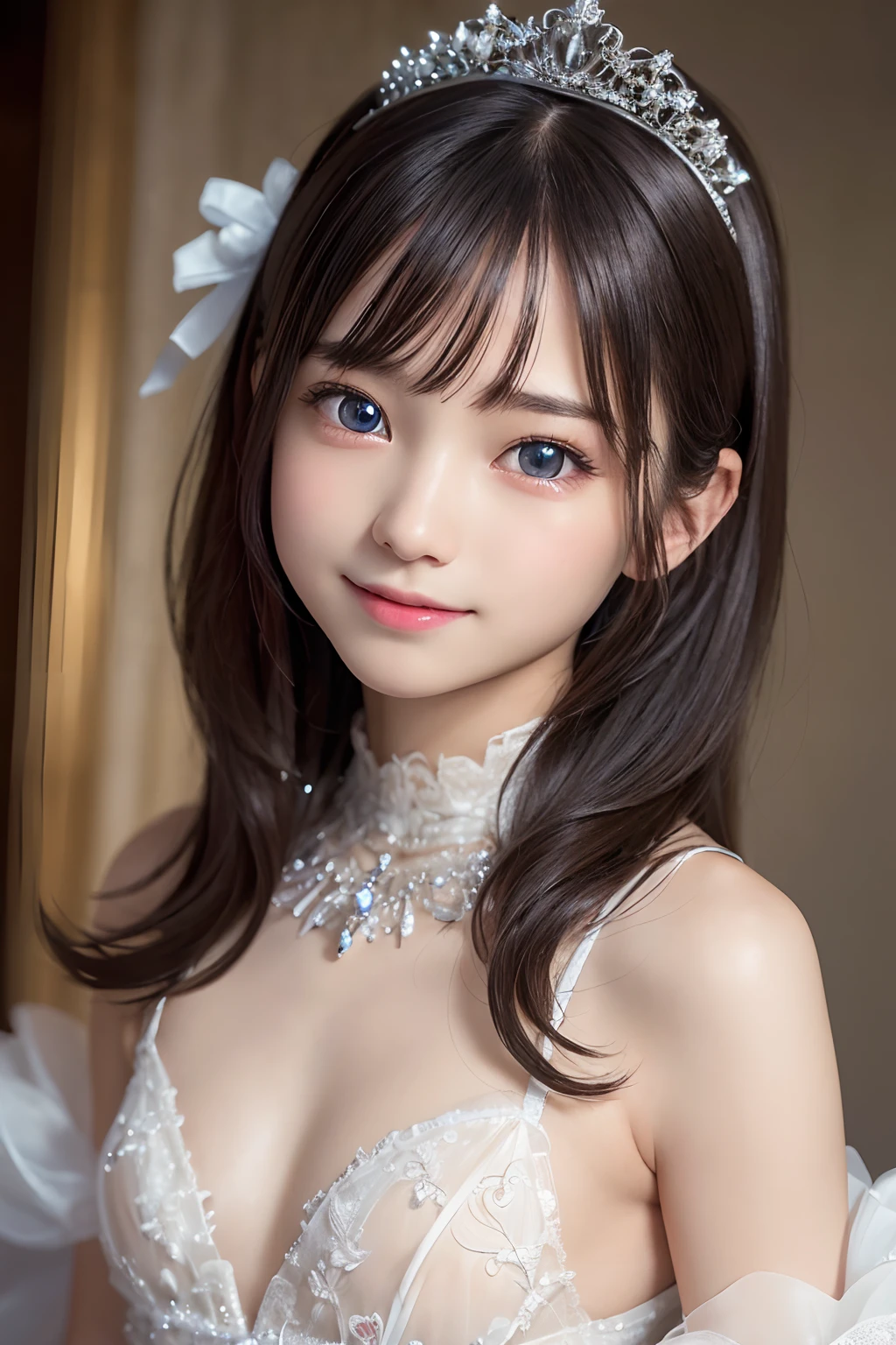 ((best quality, 8K, masterpiece)), ultra detailed, sharp focus, ((ultra realistic photo)), 1 cute girl, 12yo, ((small breasts)), elaborate design dress, tiara, highly detailed face and skin texture, ((detailed eyes)), ((beautiful eyes:1.4)), (smile:1.15), (closed mouth), three-quarter length