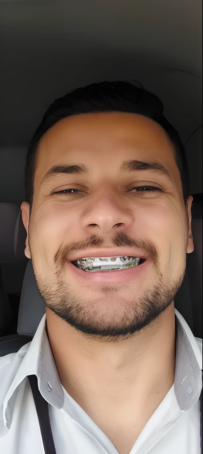 homem arafed com chaves e chaves em um carro, dentes retos, todos os dentes, sem dentes, dentes tortos, muitos dentes, dentes rangedos, submordida, dentes extras, apertar os dentes, babando dentes desnudos, square masculine jaw, muitos dentes, holes in the lower jaw, sorriso detalhado, com dentes de ouro, dentes ausentes, Dentes perfeitos