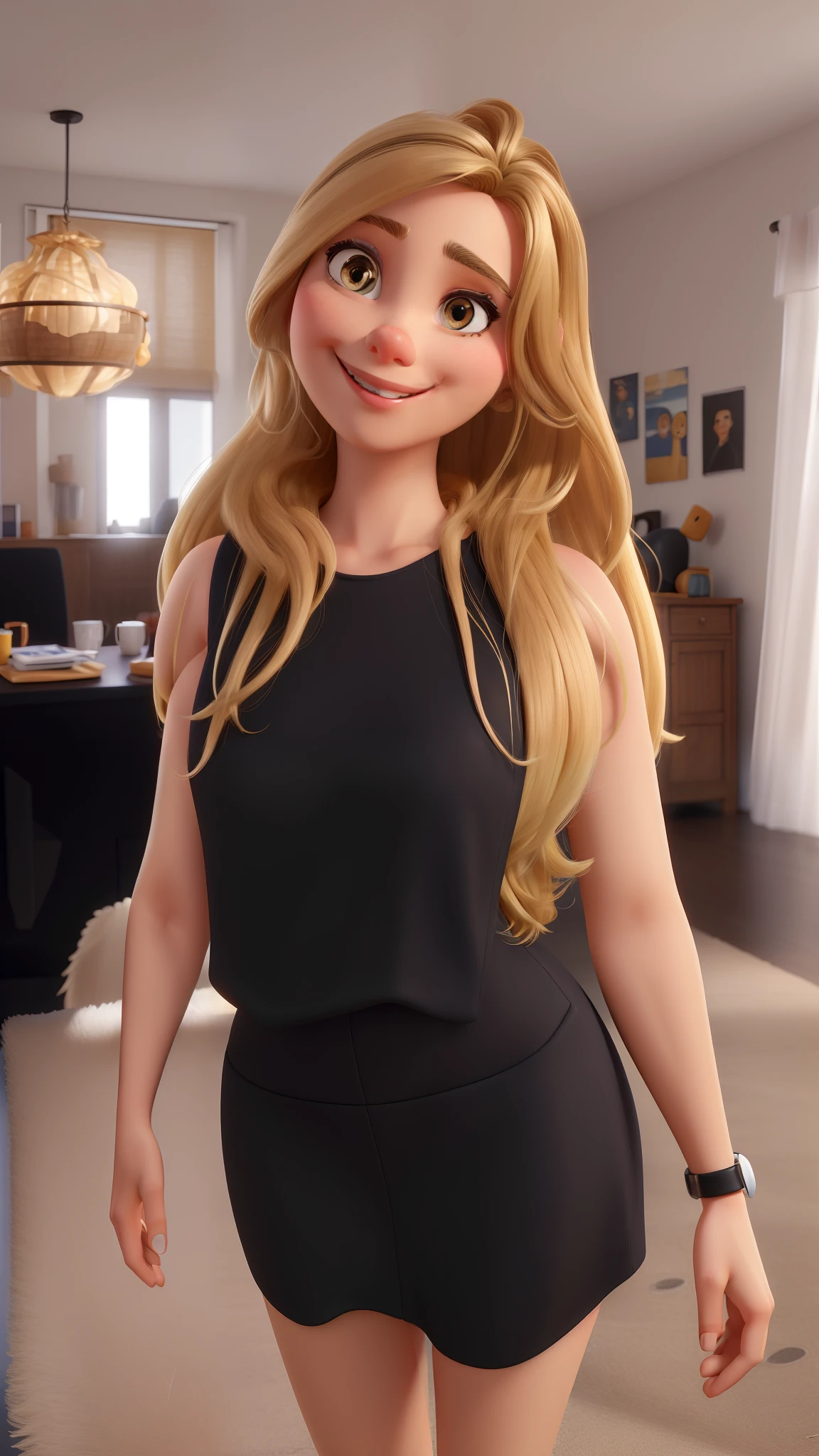 Cartoon Caricature, Adorable, blonde woman, brown Eyes woman, Smiling, whitebackground, white background, black dress, intense colors, Very valuable details, complex details, volumetric lighting, digital art, 8k, trending on Artstation, Clear focus, complex details, highly detail, high-resolution, blonde hair