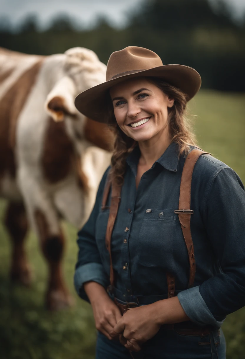 A Beautiful farmer woman smiling as she poses for a photograph with her Cow, head to head, hyper realistic, crystal clear image