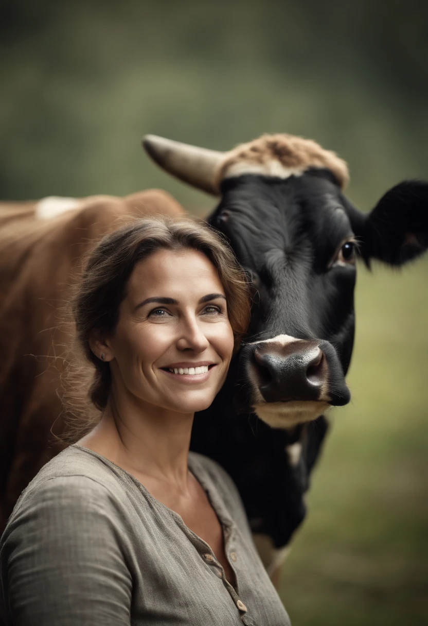 A Beautiful farmer woman smiling as she poses for a photograph with her Cow, head to head, hyper realistic, crystal clear image