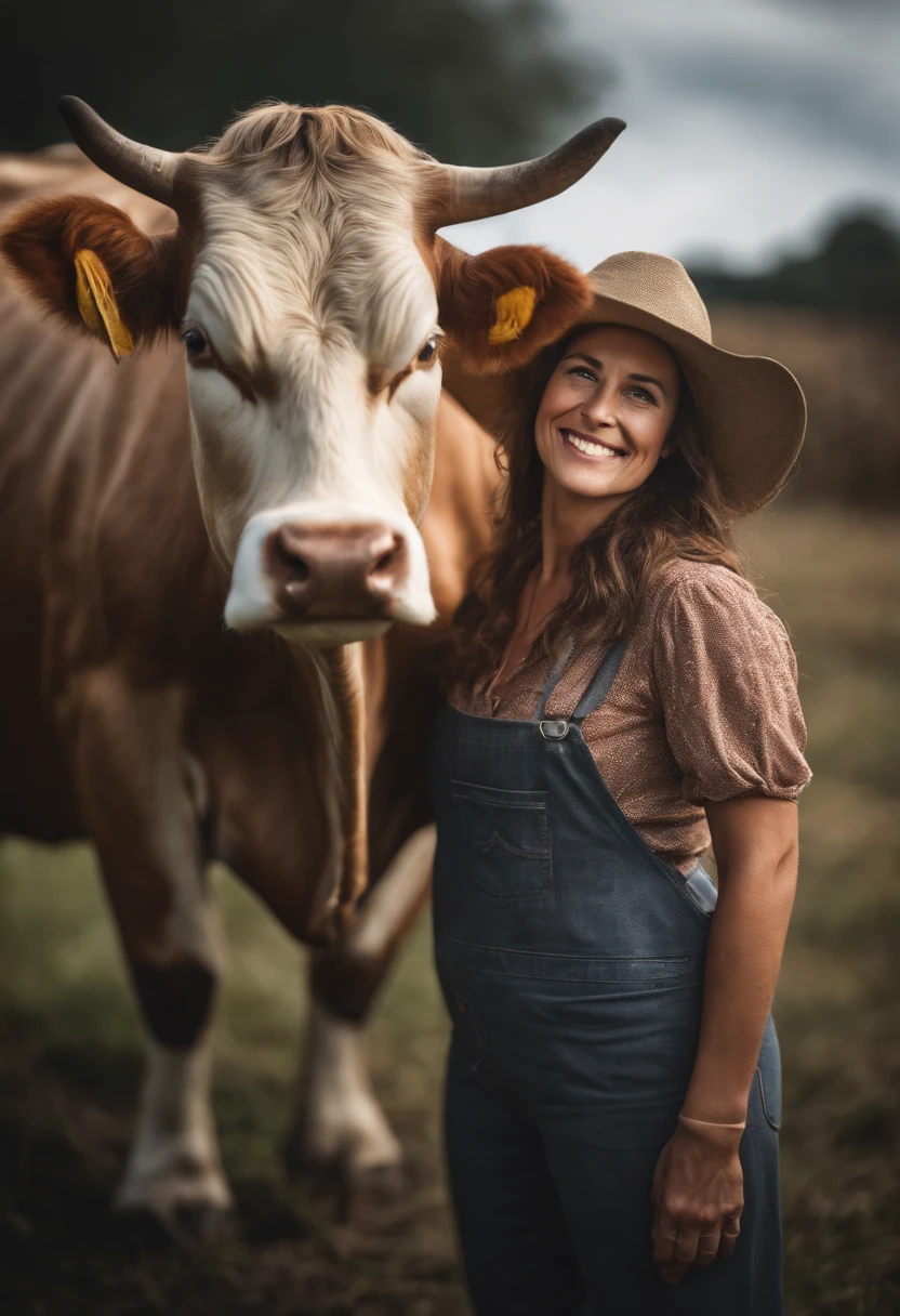 A Beautiful farmer woman smiling as she poses for a photograph with her Cow, hyper realistic, crystal clear image