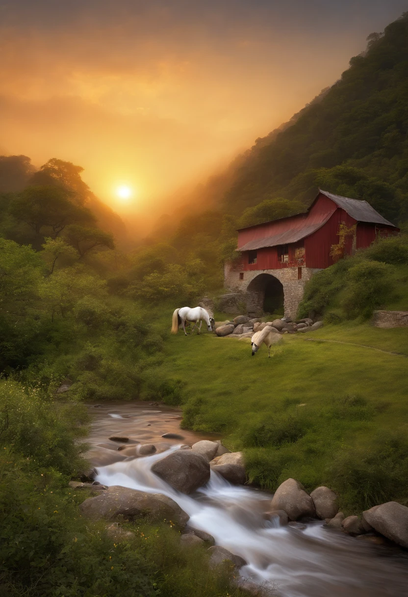 master part, alta qualidade, high resolution,8k, Pintura chinesa ,, Vinhas enrugadas, velho ((brazi)), twilights ((Corvos)) Cawing livre,, ((uma pequena ponte)), Flowing Water, (((A humble dwelling))), (um cavalo:1.6),, Para oeste sopra o vento frio ((Um caminho antigo)),, As the sun sets, My heart aches with a lonely wrath,,