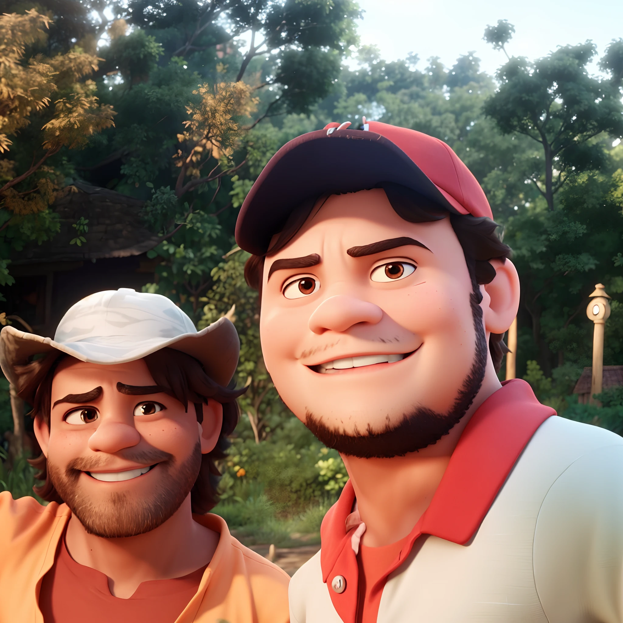 A Disney Pixar 3D-style image with the title 'SIMPLE LIVING', apresentando 2 personagens, dois homens de pele marrom e cabelos pretos. The man on the left has spiky hair and is wearing an orange T-shirt, while the man on the right is wearing a red cap, uma camisa cinza e tem barba jovial no rosto, junto com um bigode. They're hugging and smiling, with a wooden cottage in the background