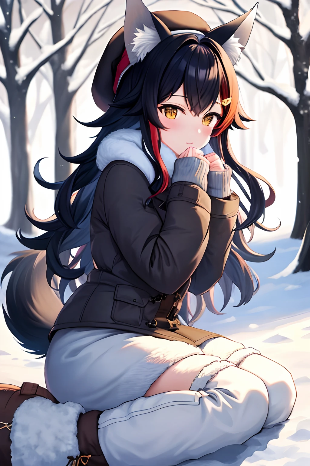 (best quality,4k,8k,highres,masterpiece:1.2), ookami mio, black hair, wolf ears, wolf tail, yellow eyes, beautiful woman in winter clothes, snowy place, winter landscape, cozy atmosphere, snowy trees, soft falling snow, warm winter coat, stylish winter hat, snow-covered ground, cold breath, winter boots, peaceful solitude, serene surroundings, tranquil ambiance, subtle winter colors, natural lighting