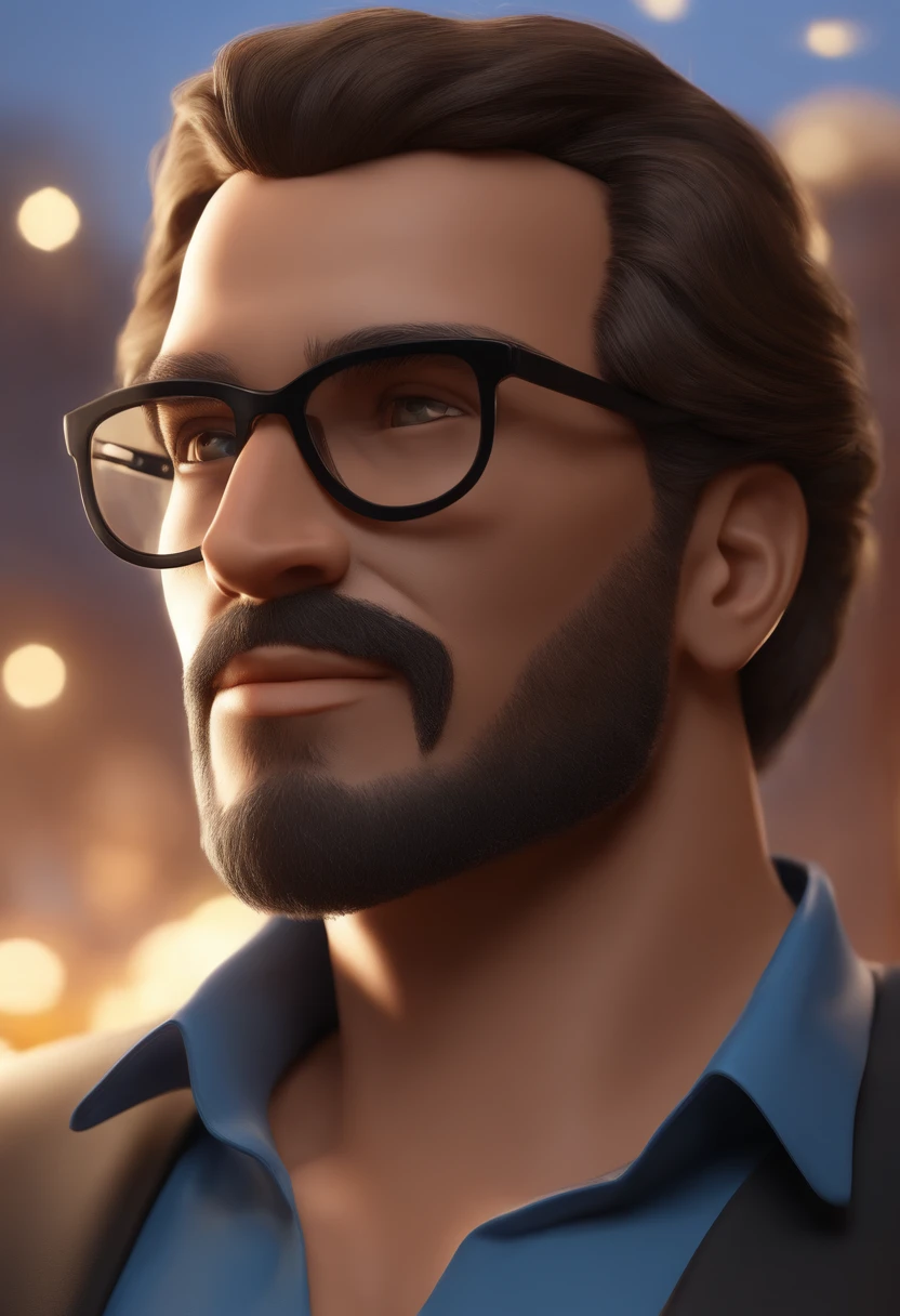 Personagem de desenho animado de um homem caucasiano, cabelo curto, barba curta, Wearing black glasses and a blue shirt, Holding a Nikon camera, um personagem animado, Caractere estilizado, animation style rendering, 3D estilizado, Arnold Maya render, 3 d render stylized, toon render keyshot, Personagem 3D, Personagem 3D, 3d rendering stylized, 3 d character render, personagem de desenho animado, Personagem de close up, Pose de personagem, (Estilo Pixar) (master part:1.2) (Bokeh) (melhor qualidade) (pele detalhada)