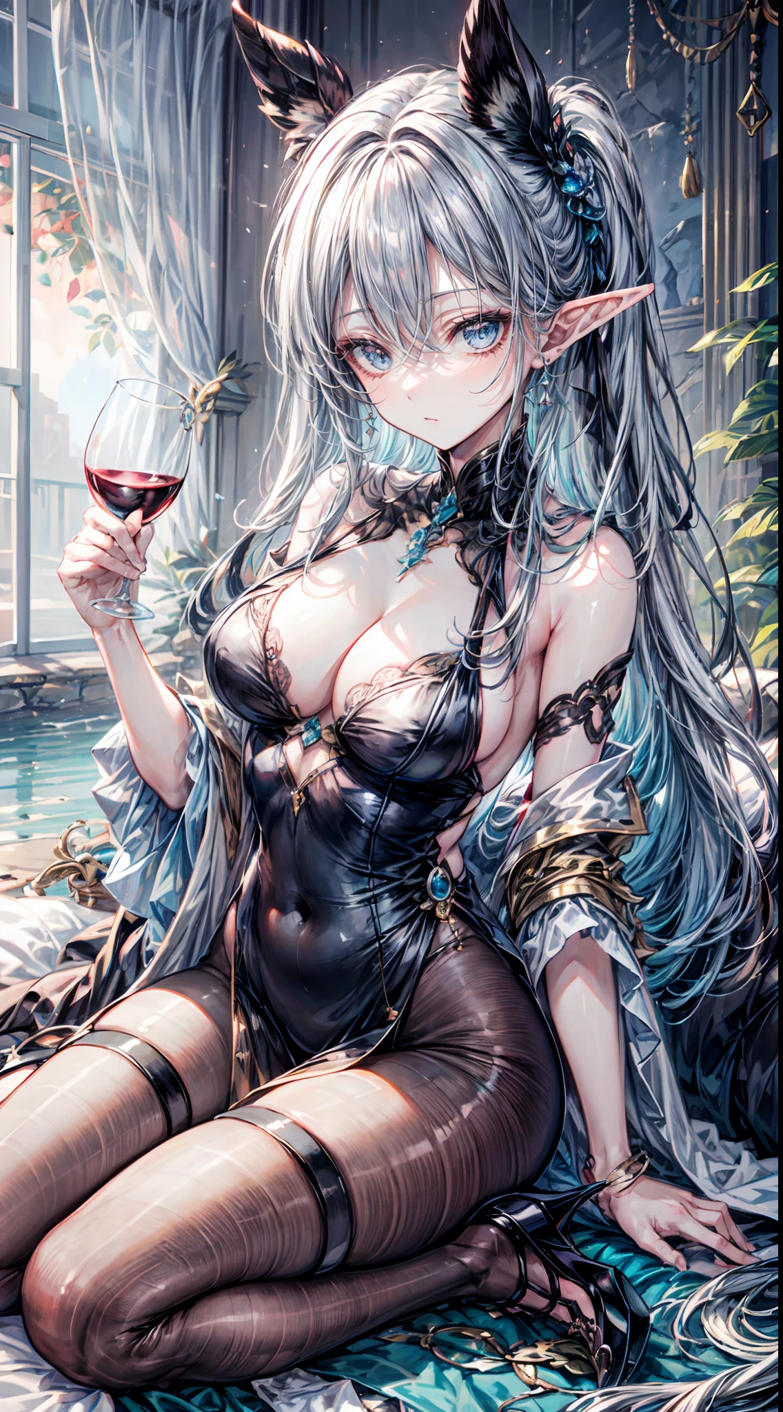 the elf，Long blue-black hair，Black silk heels，wineglass，Long face，Long face，Long face shape