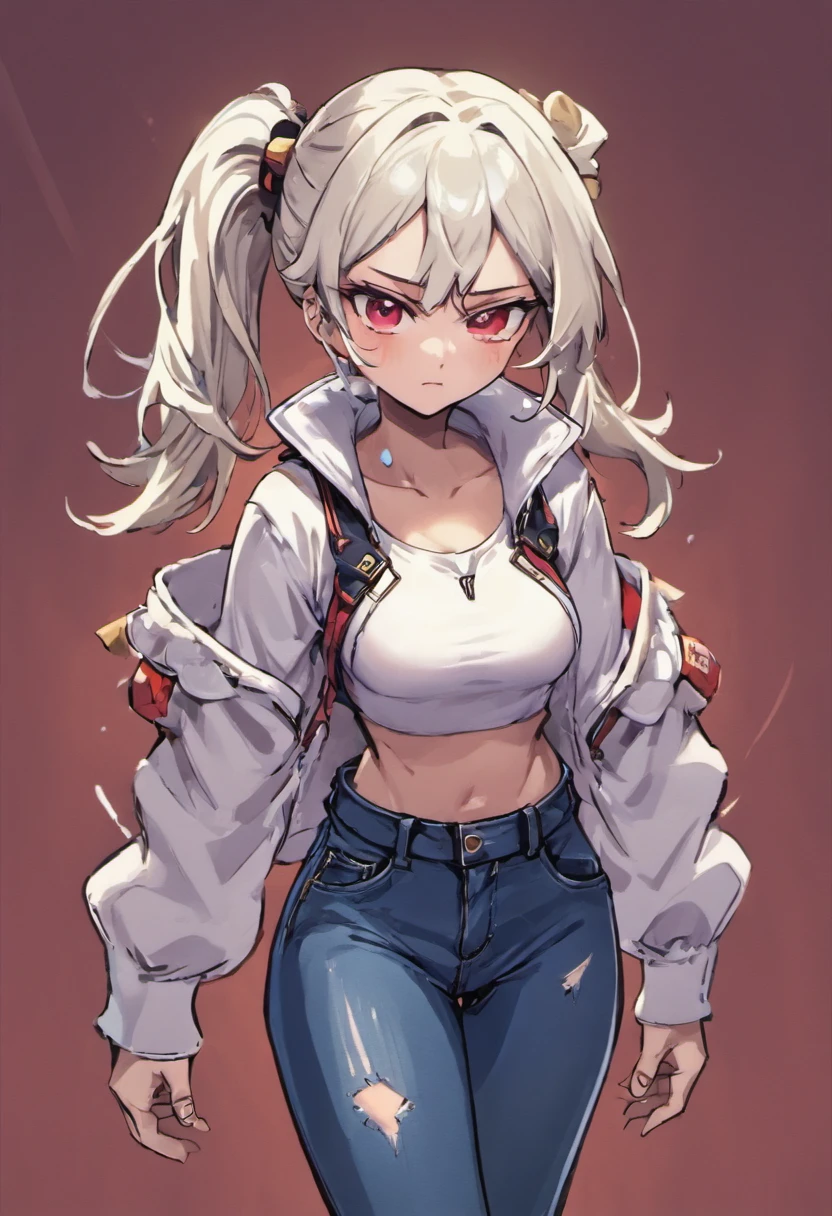 (Desenhar) ((master part, best quality)) (Folha de design de personagem, Mesmo personagem, frente, lado, back, com palavras escritas em torno dele) Uma mulher com longo, cabelo ruivo e um penteado de rabo de cavalo, olhos castanhos, wearing a bulletproof vest, a long-sleeved t-shirt with the zipper closed, a white shirt and jeans, mochila, standing, relaxing;