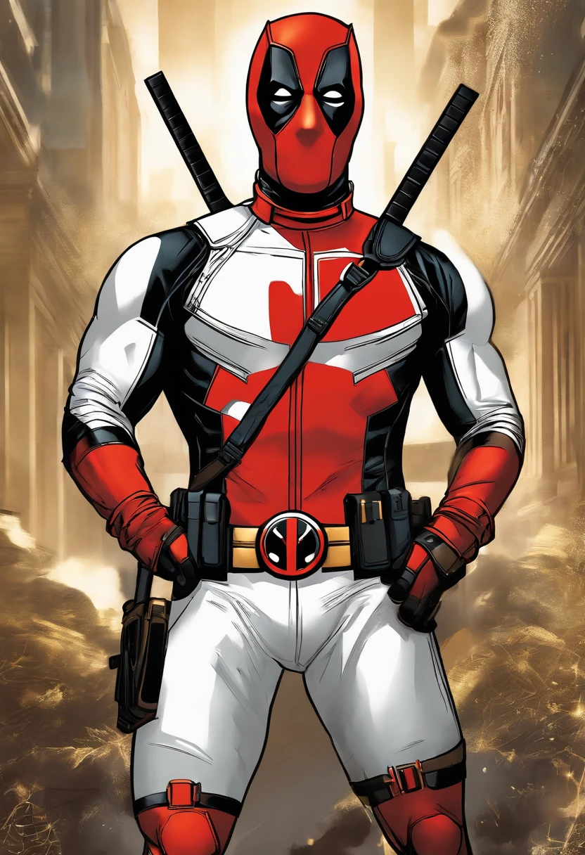 Superhero Deadpool, shiny white and gold shiny clothes,