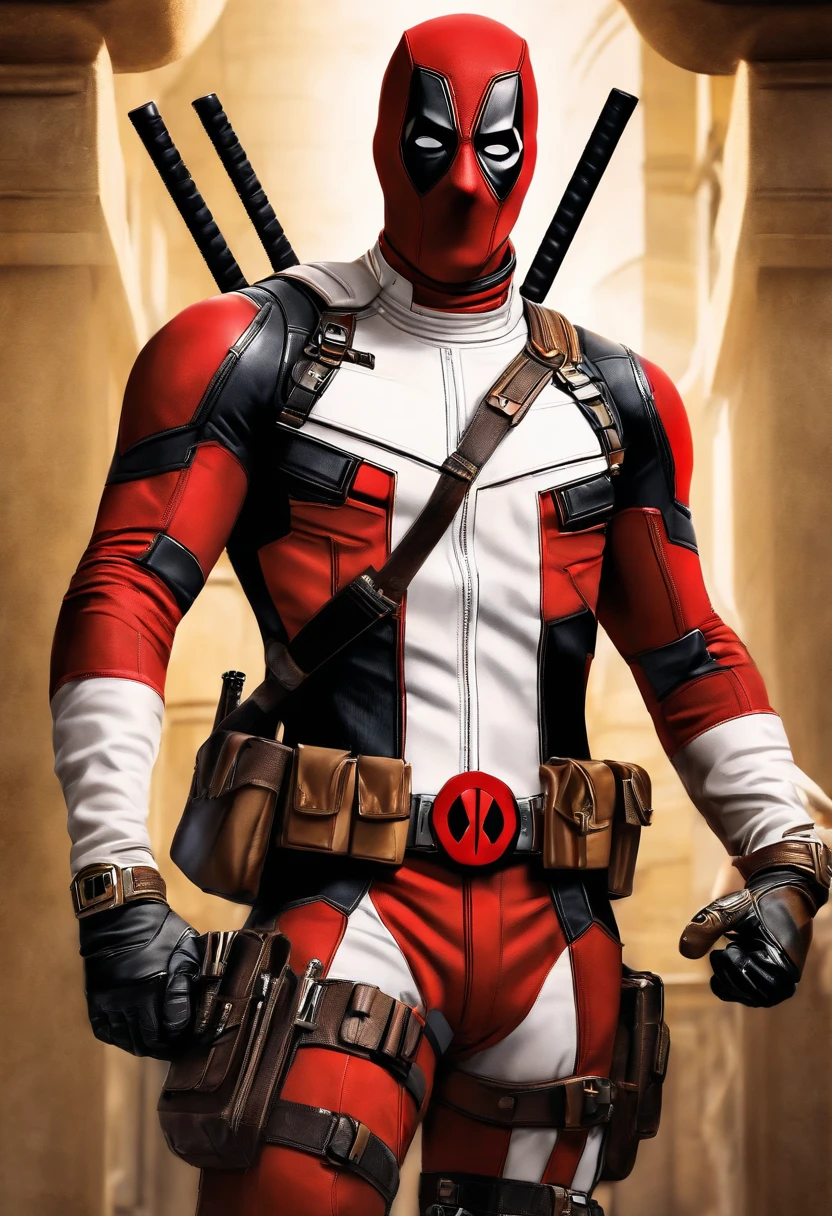 Superhero Deadpool, shiny white and gold shiny clothes,