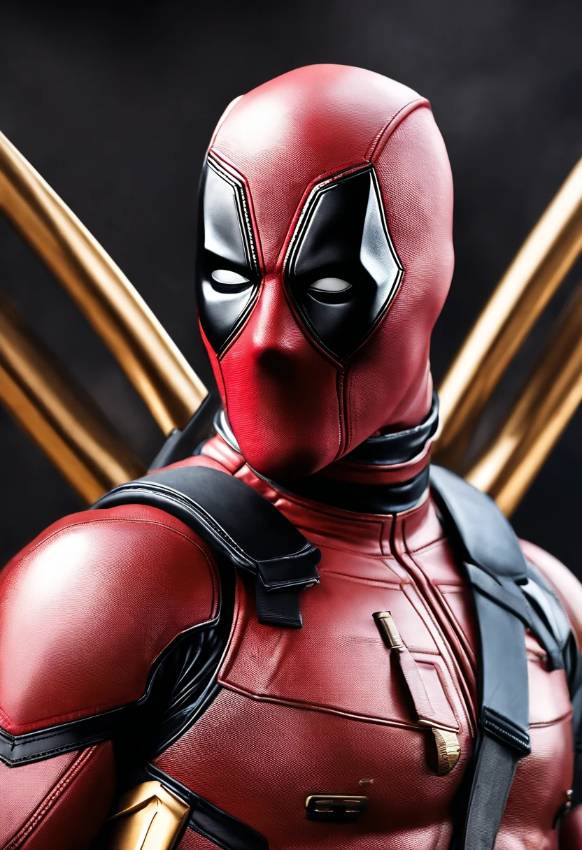 Superhero Deadpool, shiny white and gold shiny clothes,
