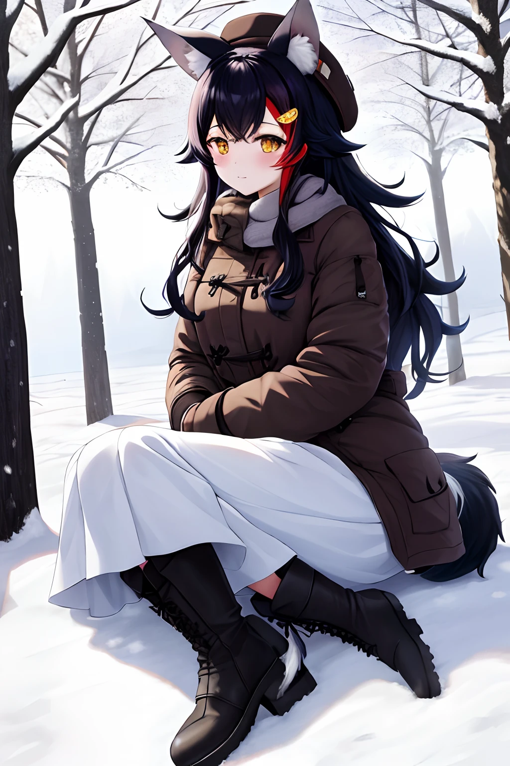 (best quality,4k,8k,highres,masterpiece:1.2), ookami mio, black hair, wolf ears, wolf tail, yellow eyes, beautiful woman in winter clothes, snowy place, winter landscape, cozy atmosphere, snowy trees, soft falling snow, warm winter coat, stylish winter hat, snow-covered ground, cold breath, winter boots, peaceful solitude, serene surroundings, tranquil ambiance, subtle winter colors, natural lighting