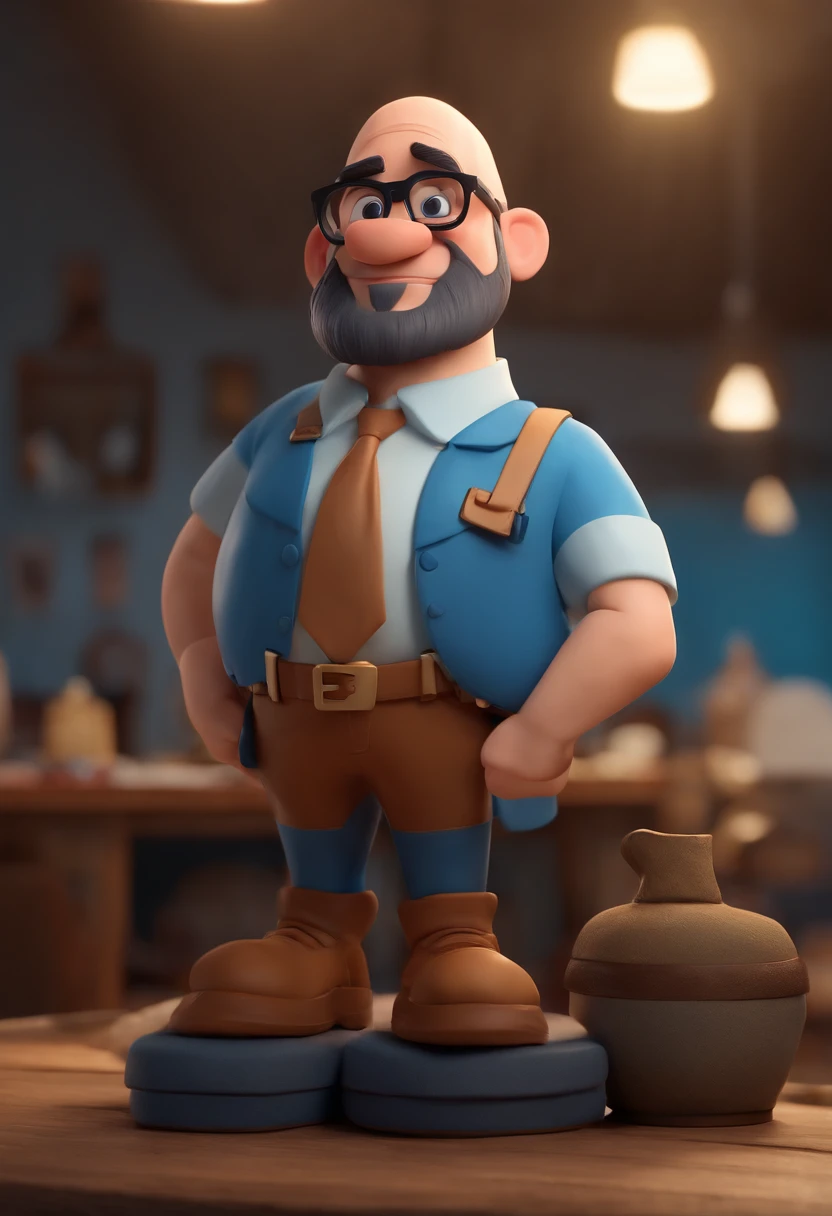 Cartoon character of a bald man and beard with black glasses and a blue shirt, animation character, segurando uma biblia Caractere estilizado, animation style rendering, 3D estilizado, Arnold Maya render, 3 d render stylized, toon render keyshot, Personagem 3D, Personagem 3D, 3d rendering stylized, 3 d character render, personagem de desenho animado, Personagem de close up, Pose de personagem,  (Estilo Pixar) (master part:1.2) (Bokeh) (best quality) (pele detalhada) (textura detalhada) (8k) (argila) (Cinematic lighting) (foco nítido