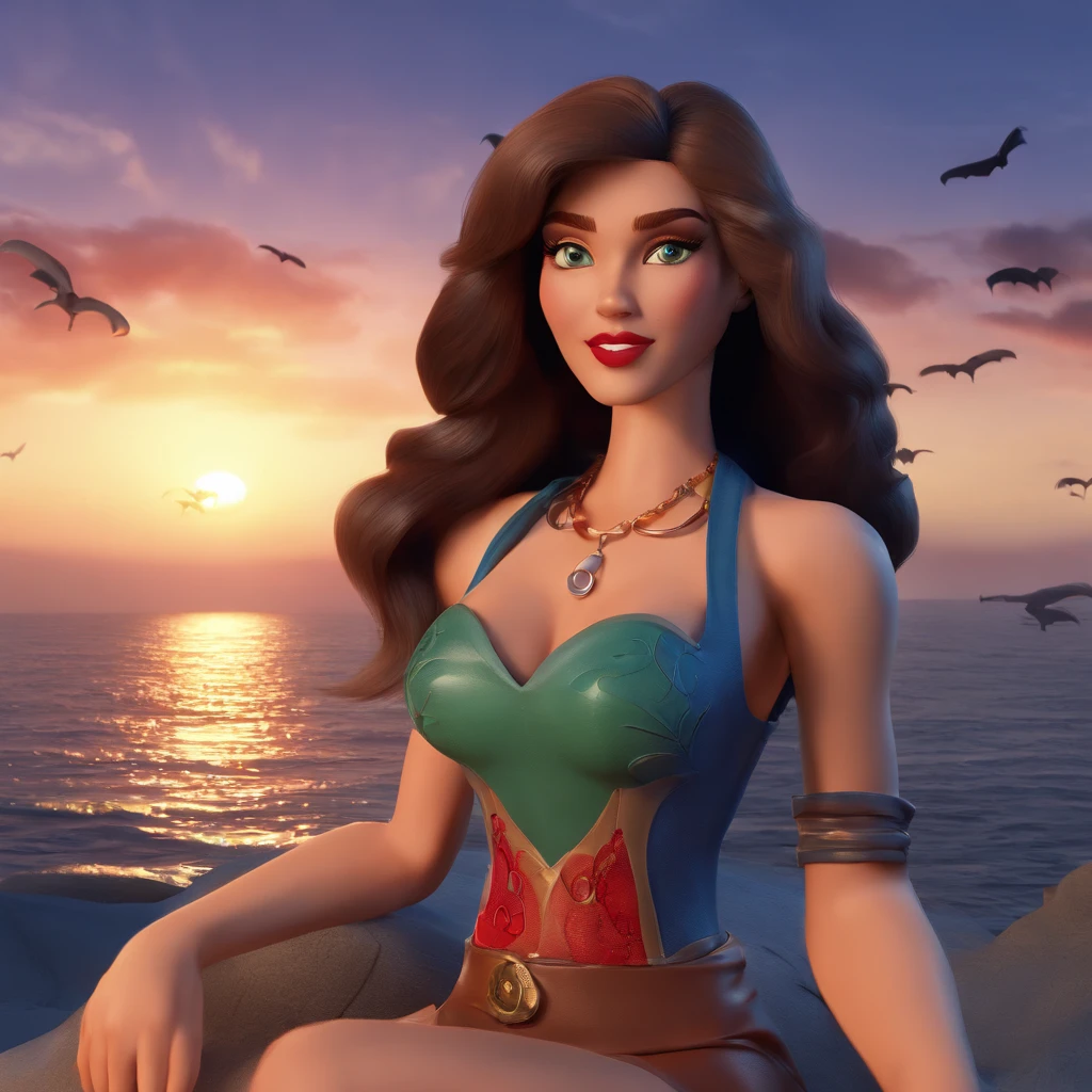 Create my Disney Pixar catoon. Following the prompt and image I sent. A woman with voluminous hair, dark brown 3b curls with blue-green highlights. beach and gothic style dress full lips inspired by The Little Mermaid and an air of gothic mystery from the forgiveness Raven Titans eye makeup Light blue eyeliner. Big disney pixar style dark brown eyes, big mouth sitting on the rock with crossed legs and a light and mysterious smile near the beach with sunset and dark blue sky with several bats.