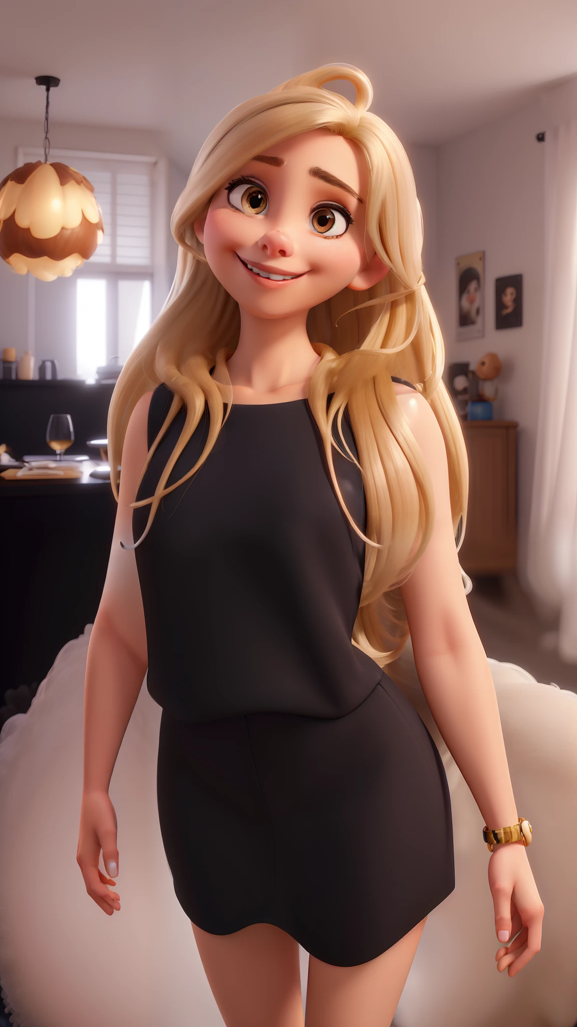 Cartoon Caricature, Adorable, blonde woman, dark brown small eyes, adorable smile, whitebackground, white background, black dress, intense colors, Very valuable details, complex details, volumetric lighting, digital art, 8k, trending on Artstation, Clear focus, complex details, highly detail, high-resolution, blonde hair