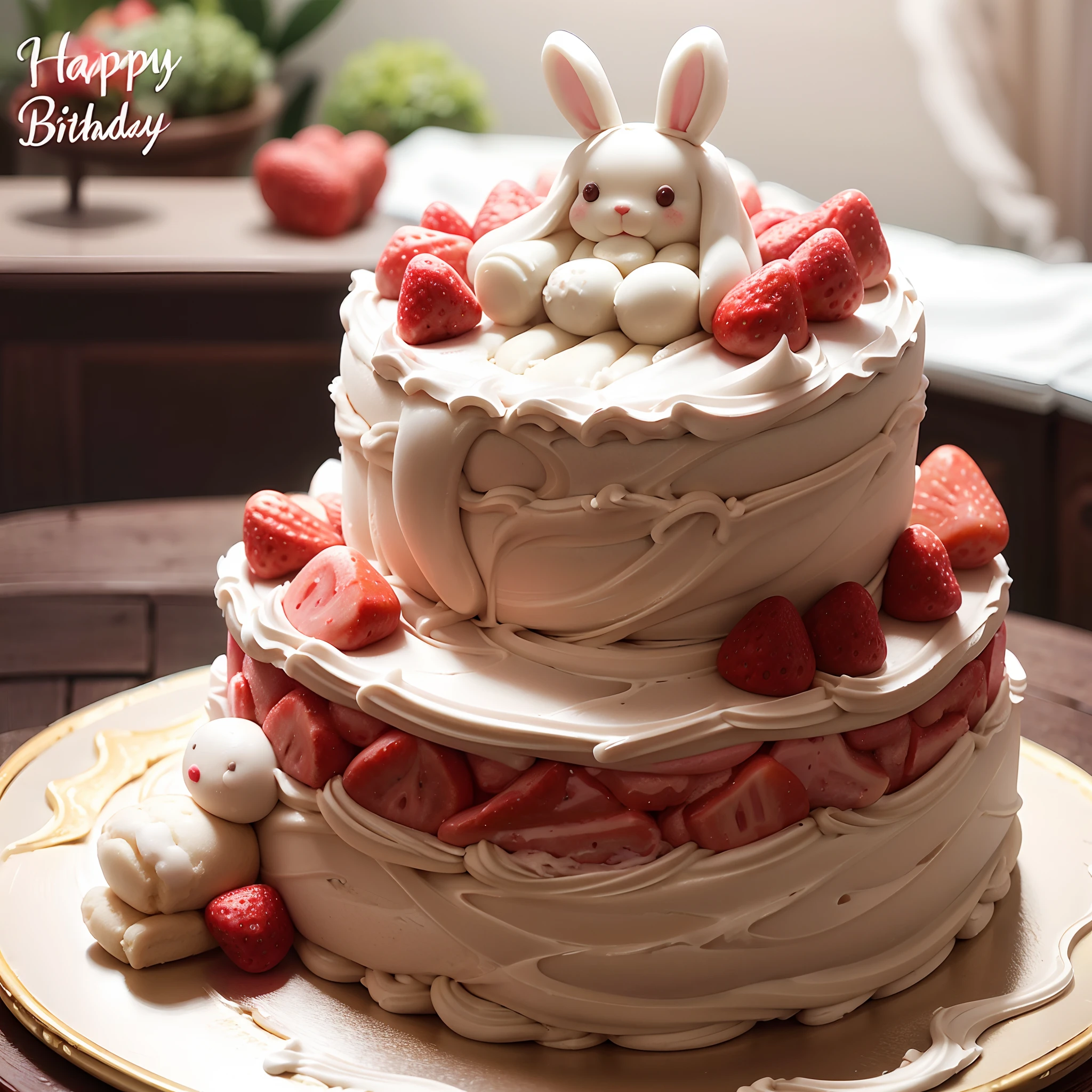 Birthday party，Birthday cake decorated with strawberries and rabbit cookies，A Birthday cake candle stuck on the cake