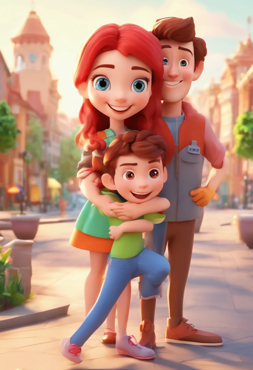 An illustration of an adorable couple, A brunette man and a girl with red hair and slanted eyes, The two of them are smiling and facing the front of the camera, Show Your Connection. Desenvolva esta arte em Full HD, Focus on your cinematic touch, Estilo Disney Pixar Animations