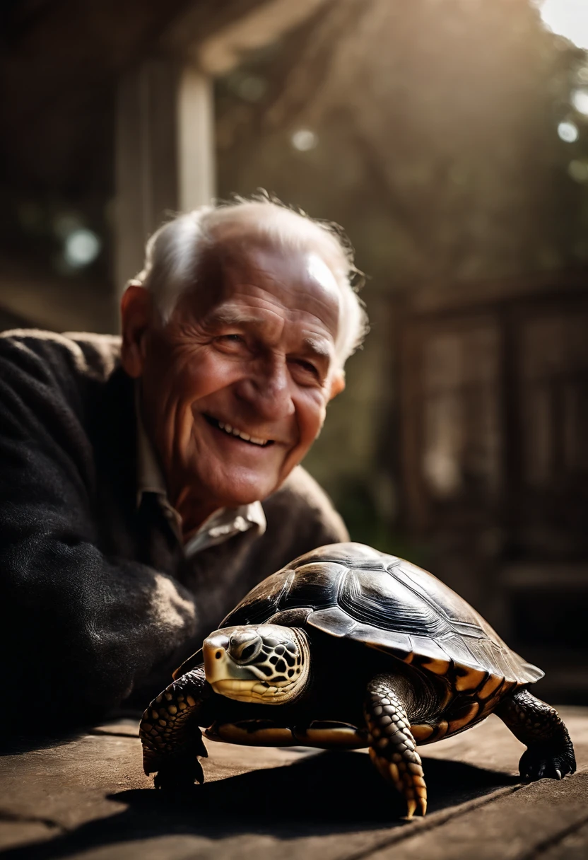 A Beautiful old man smiling as she poses for a photograph with his turtle, head to head, hyper realistic, crystal clear image