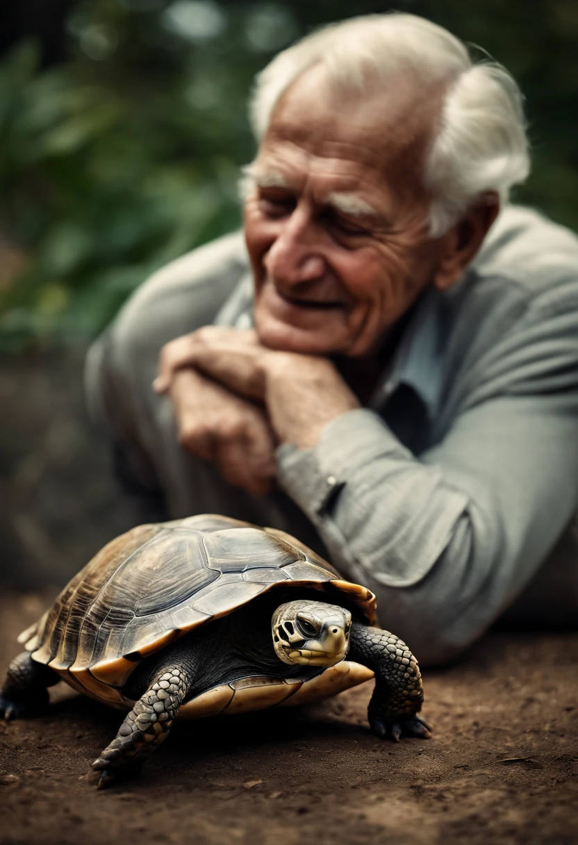 A Beautiful old man smiling as she poses for a photograph with his turtle, head to head, hyper realistic, crystal clear image