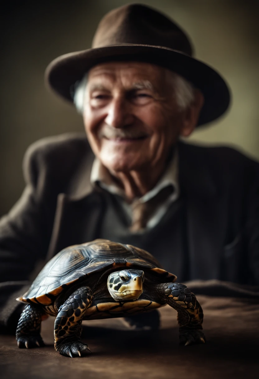 A Beautiful old man smiling as she poses for a photograph with his turtle, head to head, hyper realistic, crystal clear image