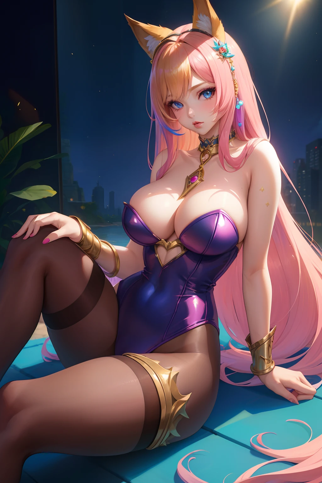 (masterpiece, best quality:1.2), intricate details, 1girl, animal ears, k/da (league of legends), pantyhose, blonde hair, cleavage, leotard, ahri (league of legends), fox ears, makeup, long hair, crystal, looking at viewer, bare shoulders, hair ornament, sitting, eyeshadow, multicolored hair, choker, lips, large breasts, blue eyes, strapless leotard, pink hair, thighs, realistic, (mature female:1.2),
