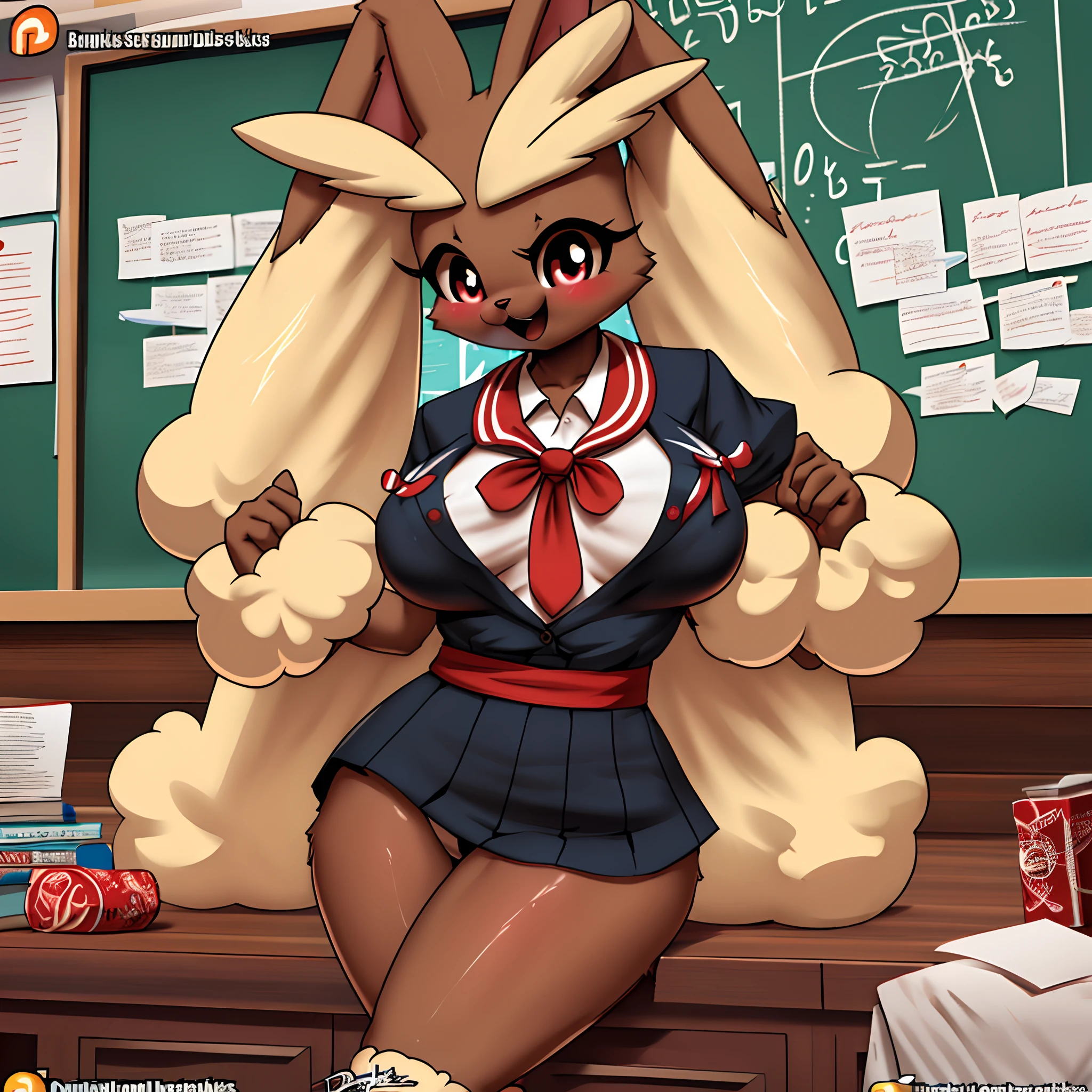 1girl ((Made by Burgerkiss)), Lopunny, ((solo)), ((big and firm breasts, antrum, extremely detailed, extremely detailed legs, extremely detailed arms, extremely detailed face, perfectly detailed eyes, perfectly detailed anatomy)), looking at viewer, ((Wearing a Black blazer, ribbon, socks, high school uniform: 1.2), high school classroom, beautiful detail)) ((Avoid collisions on clothing))