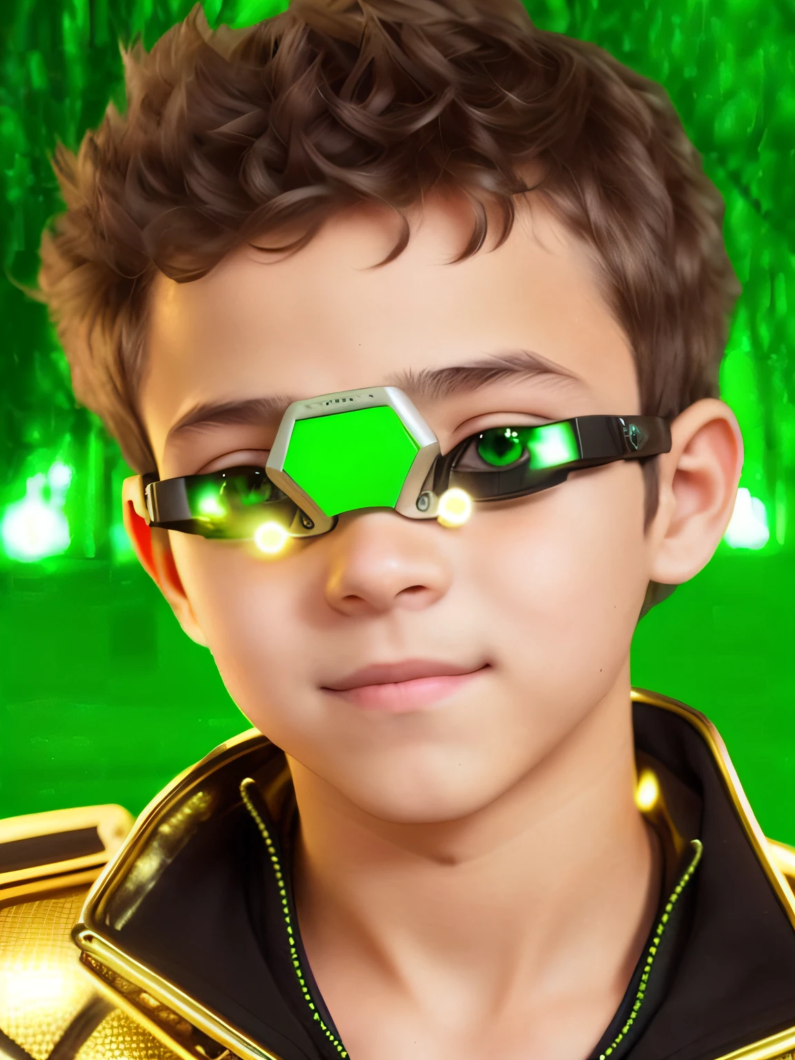 um close up de um menino de cinco anos, sorrindo, cabelos castanhos, wearing a pair of glasses, Lucio de Overwatch, cyber goggles, Neon cyborg yellow eyes, Viseira mecha de vidro OLED, retinas brilhantes, lente amarela futurista, olhos verdes brilhantes, olhos amarelos do ciborgue, Cyber Brilhante - Olhos, futuristic glasses lenses, next gen, imagem do avatar, olhos brilhantes brilhantes, magical glowing eyes