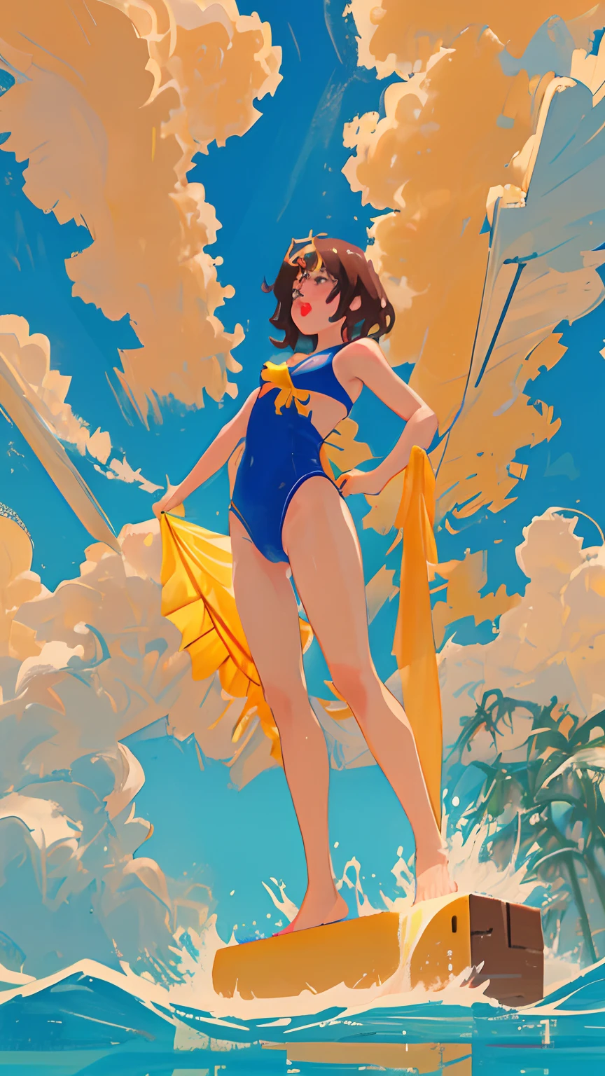 chica joven, pelo corto marron, pose dinamica, pose fluida, pose dovertida, mirando al espectador, perspectiva, swimming suit, buena anatomia, Revealing swimsuit, NSFWm porn, hentai, ahegao, penetracion, pene, vagina, pussy, penis