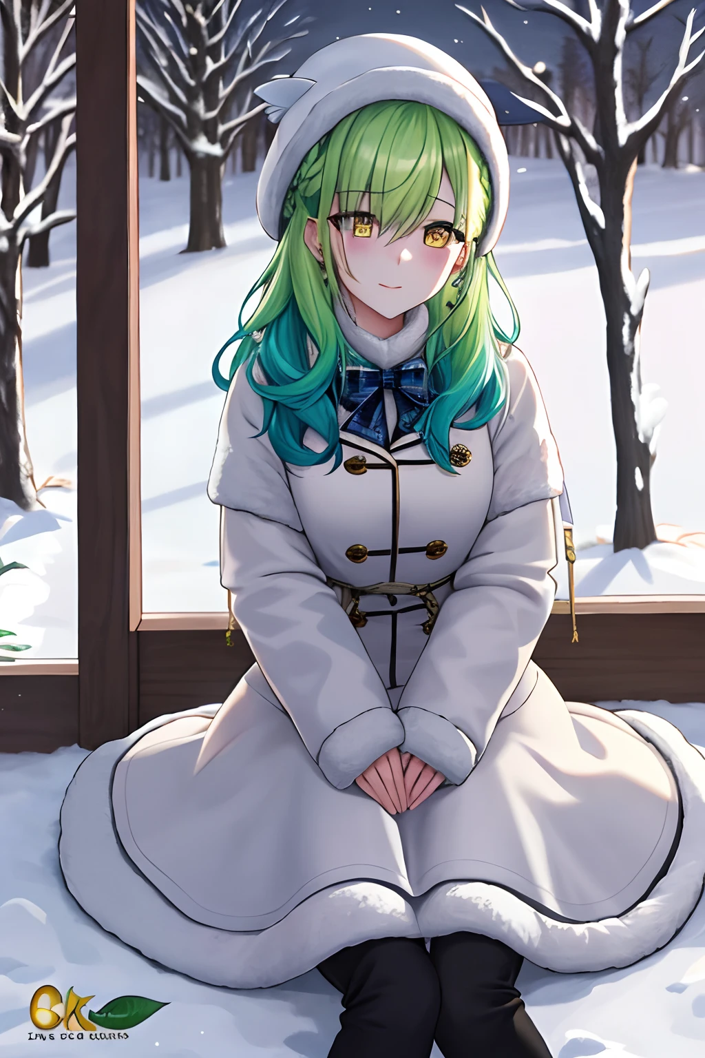 (best quality,4k,8k,highres,masterpiece:1.2), ceres fauna, green hair, yellow eyes, beautiful woman in winter clothes, snowy place, winter landscape, cozy atmosphere, snowy trees, soft falling snow, warm winter coat, stylish winter hat, snow-covered ground, cold breath, winter boots, peaceful solitude, serene surroundings, tranquil ambiance, subtle winter colors, natural lighting