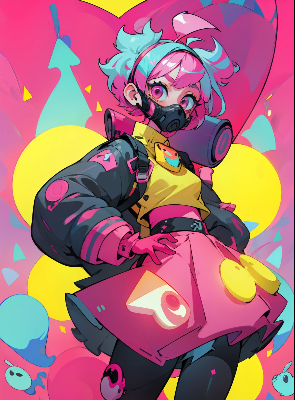 kpop girl with short nice fadecut pink hair, colorful glowing gass mask, lots of shapes attatched everywhere, random shapes mostly triangle, yellow skirt with polcadots, red gloves, and an 2 antena headband