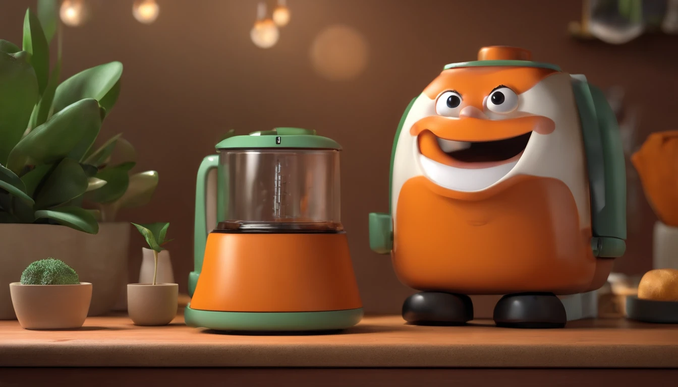 personagem dos desenhos animados de um homem branco, de cabelos preto, barba, com uma camisa cinza , With chubby physique in front of her orange and green coffee maker, mW Animation Character, Caractere estilizado, animation style rendering, 3D estilizado, Arnold Maya render, 3 d render stylized, toon render keyshot, Personagem 3D, Personagem 3D, 3d rendering stylized, 3 d character render, personagem de desenho animado, Personagem de close up, Pose de personagem,  (Estilo Pixar) (master part:1.2) (Bokeh) (best quality) (pele detalhada) (textura detalhada) (8k) (argila) (Cinematic lighting) (foco nítido