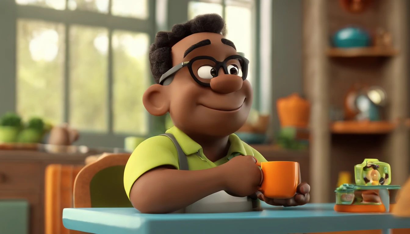 personagem dos desenhos animados de um homem branco, de cabelos preto, barba, com uma camisa cinza , With chubby physique in front of her orange and green coffee maker, mW Animation Character, Caractere estilizado, animation style rendering, 3D estilizado, Arnold Maya render, 3 d render stylized, toon render keyshot, Personagem 3D, Personagem 3D, 3d rendering stylized, 3 d character render, personagem de desenho animado, Personagem de close up, Pose de personagem, (Estilo Pixar) (master part:1.2) (Bokeh) (best quality) (pele detalhada) (textura detalhada) (8k) (argila) (Cinematic lighting) (foco nítido