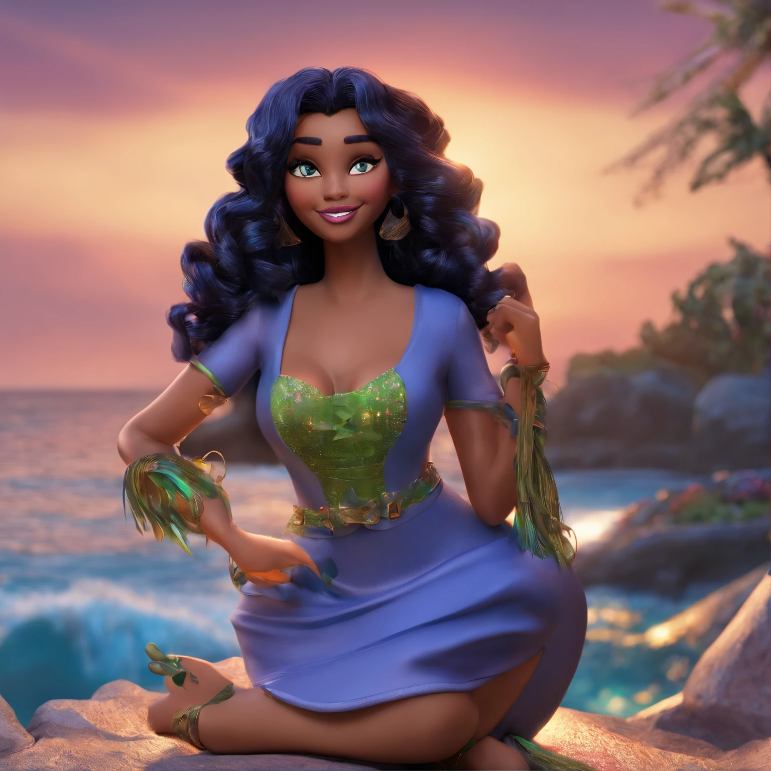 Create my Disney Pixar catoon. Following the prompt and image I sent. A woman with voluminous hair, dark brown 3b curls with blue-green highlights. beach and gothic style dress full lips inspired by The Little Mermaid and an air of gothic mystery from the forgiveness Raven Titans eye makeup Light blue eyeliner. Big disney pixar style dark brown eyes, big mouth sitting on the rock with crossed legs and a light and mysterious smile near the beach with sunset and dark blue sky with several bats.