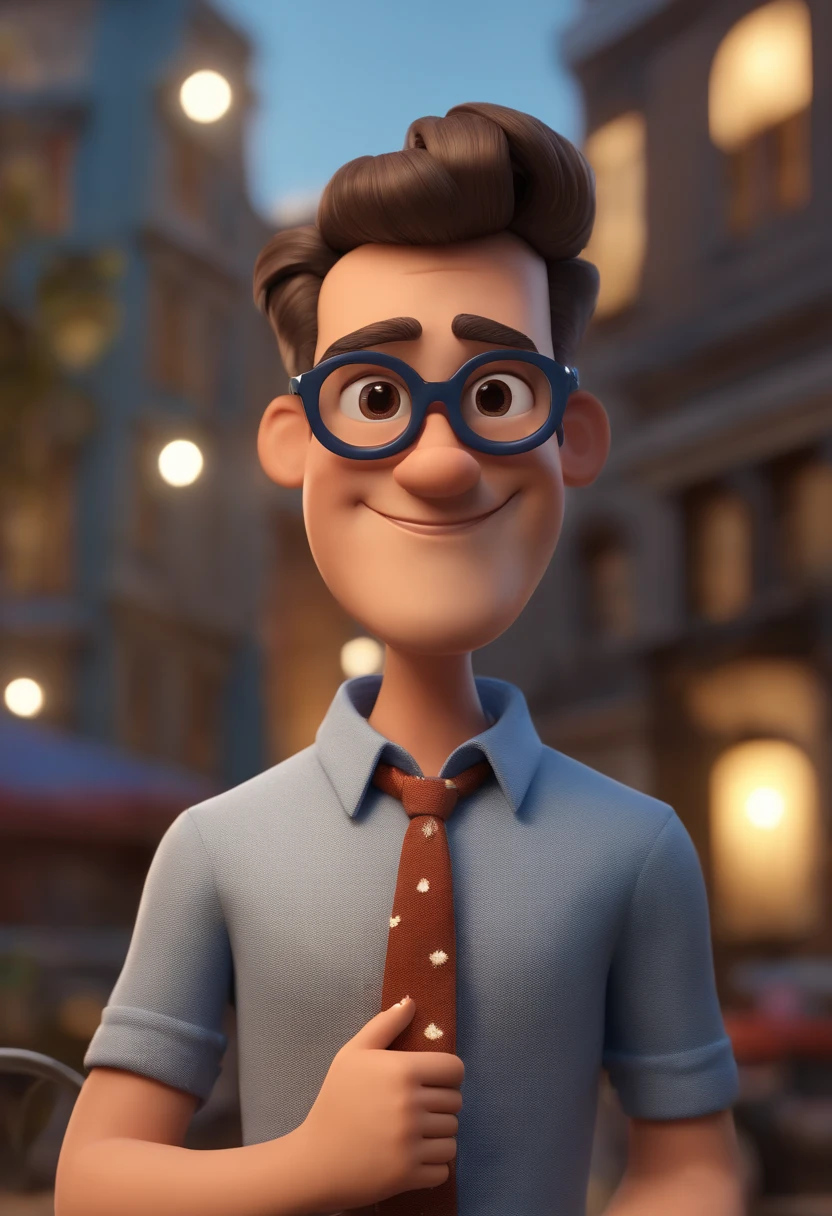 Cartoon character of a man wearing black glasses and a blue shirt, um personagem animado, Caractere estilizado, animation style rendering, 3D estilizado, Arnold Maya render, 3 d render stylized, toon render keyshot, Personagem 3D, Personagem 3D, 3d rendering stylized, 3 d character render, personagem de desenho animado, Personagem de close up, Pose de personagem, (Estilo Pixar) (master part:1.2) (Bokeh) (best quality) (pele detalhada) (textura detalhada) (8k) (argila) (Cinematic lighting) (foco nítido，Senta e vaza a parte superior do corpo