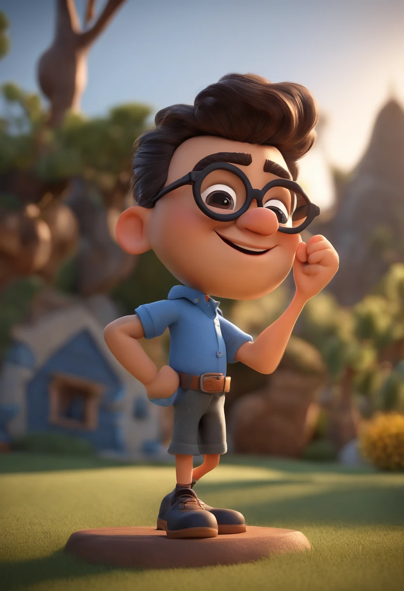 Cartoon character of a man wearing black glasses and a blue shirt, um personagem animado, Caractere estilizado, animation style rendering, 3D estilizado, Arnold Maya render, 3 d render stylized, toon render keyshot, Personagem 3D, Personagem 3D, 3d rendering stylized, 3 d character render, personagem de desenho animado, Personagem de close up, Pose de personagem, (Estilo Pixar) (master part:1.2) (Bokeh) (best quality) (pele detalhada) (textura detalhada) (8k) (argila) (Cinematic lighting) (foco nítido,Senta e vaza a parte superior do corpo