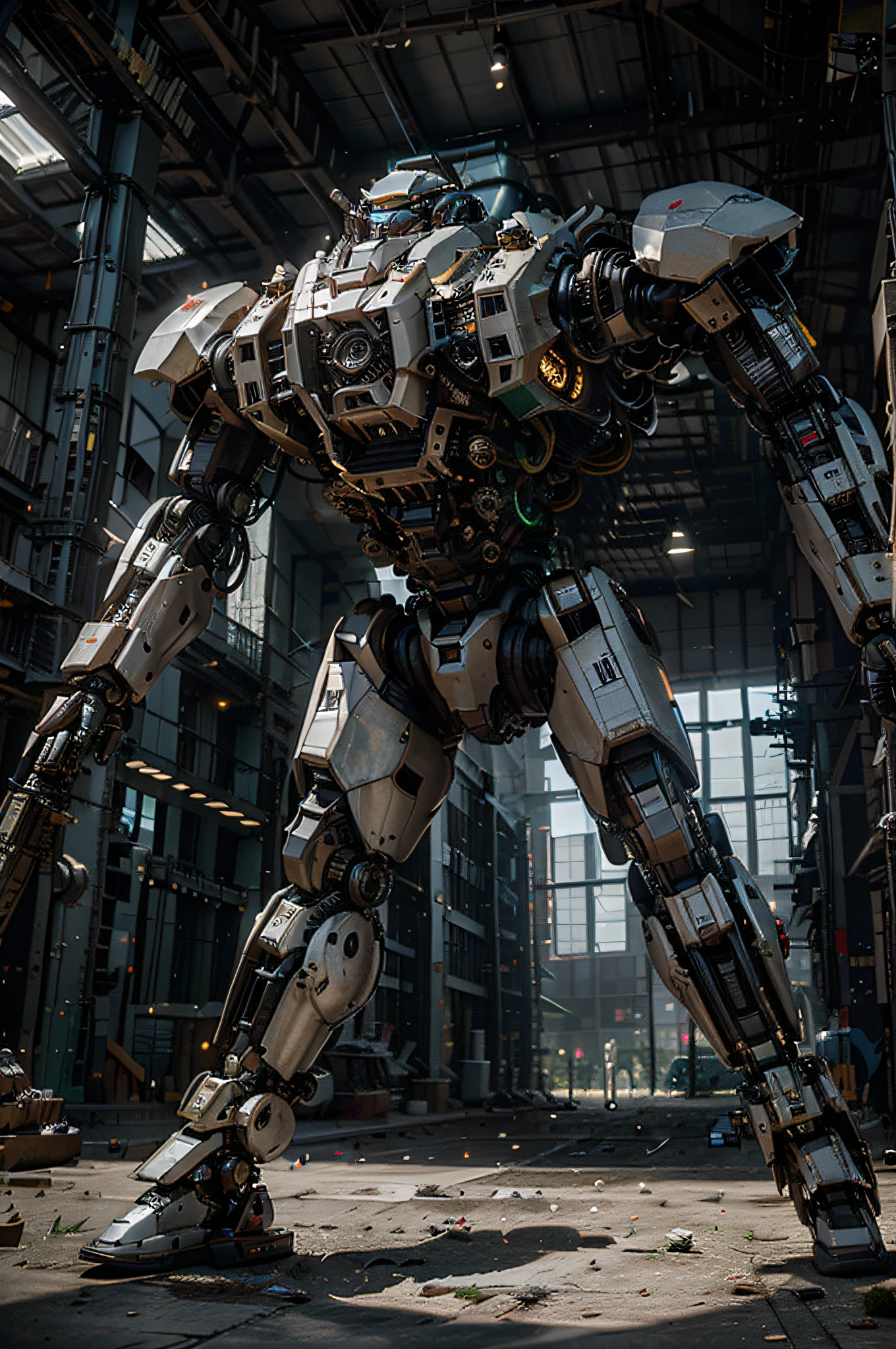 ((obra maestra, mejor calidad)),illustration,ultra detallado 8k,fotorrealista,foco nítido,muy detallado,Pro Lighting,detalles coloridos,Iridescent colors BREAK Extremely Long Plan of a Factory,large mechanical robot construction,microchip,computadora,brillante, detalles intrincados,shitu-mecha, Gundam,