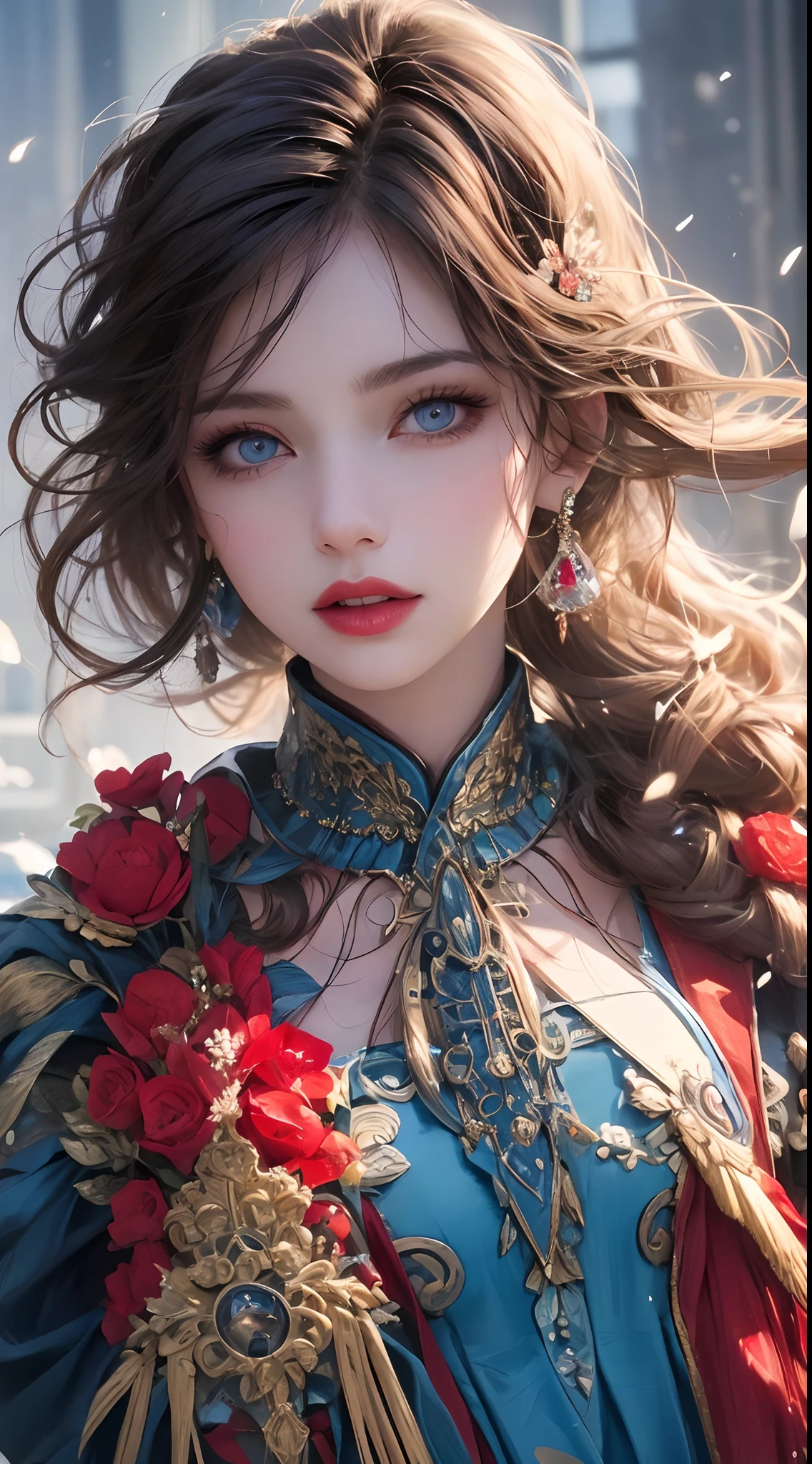 A beautiful woman face close up, seductive look, sharp face, blue eyes,red lips, Majestic artistic look,water pouring on her face, ultradetailed, perfect composition