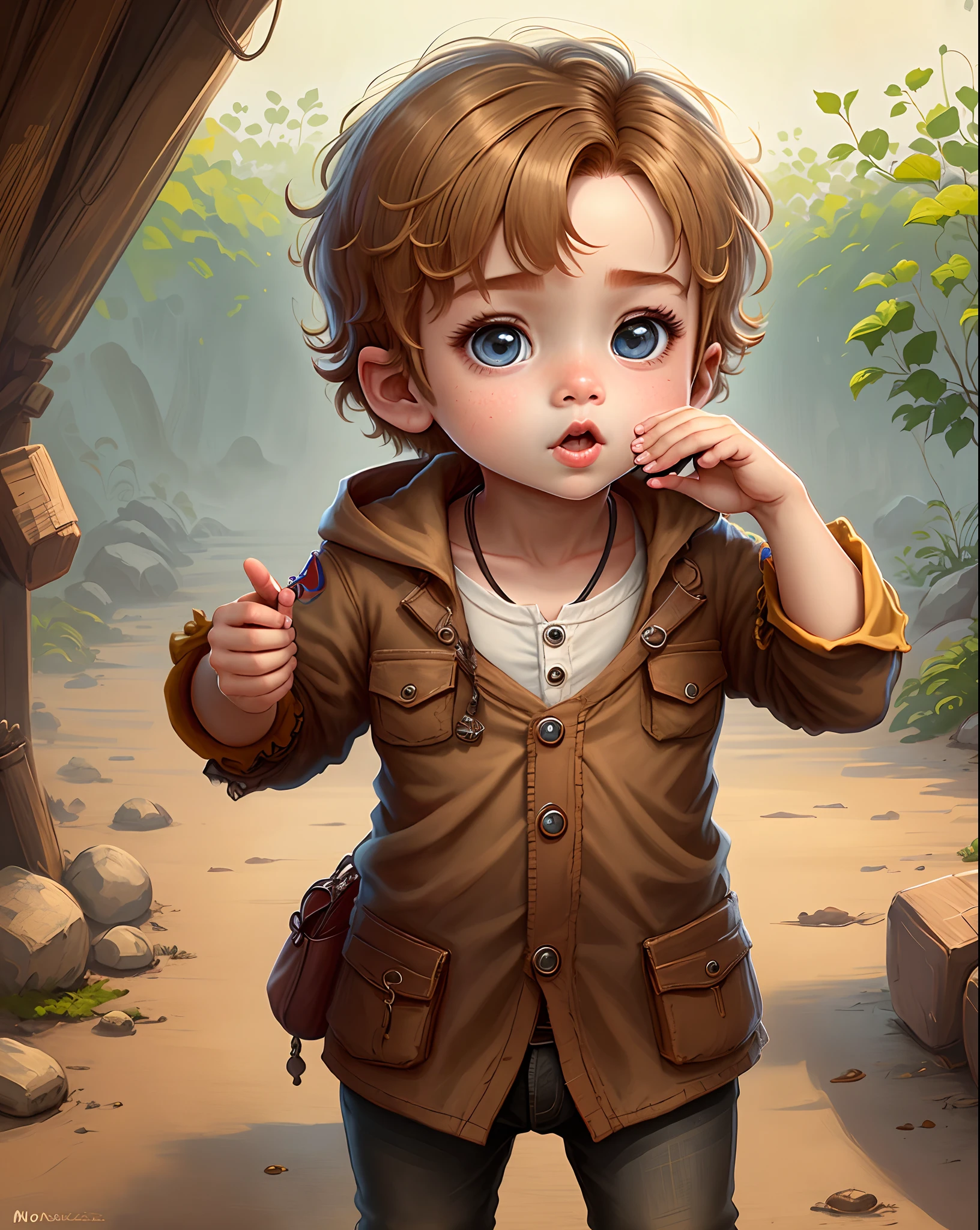 Um bebe homem de olhos castanho cabelo marrom olhos pequenos nariz pequeno boca pequena meio moreno cabelo liso no modelo Disney Pixar