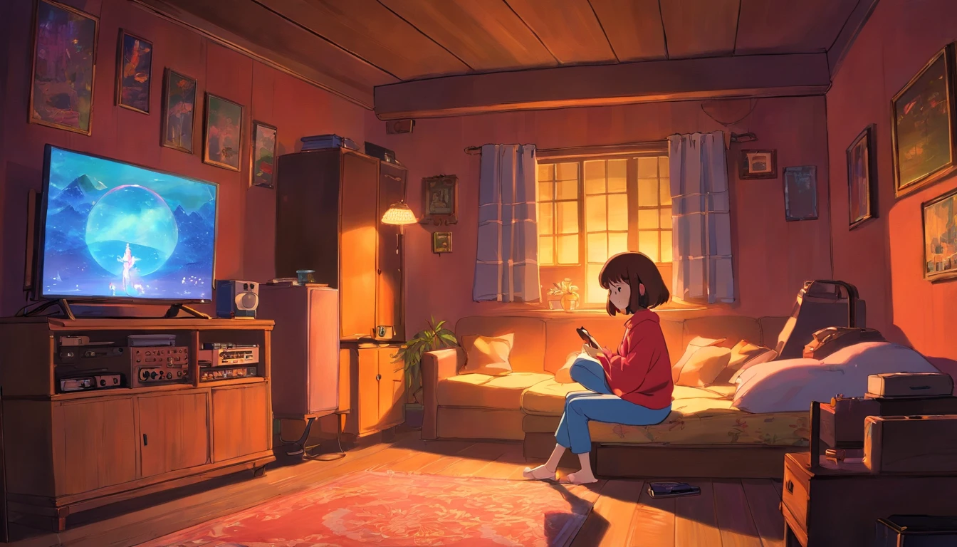 Girl listening to music in a cozy room at night, Usando fones de ouvido, Anime estilo 2D, Lo-fi, disco Rigido, Ambiente escuro, nuclear explosion outside