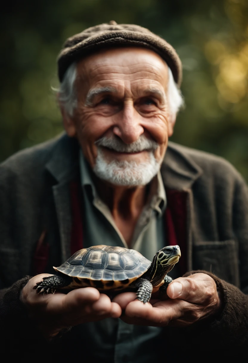A Beautiful old man smiling as she poses for a photograph with his turtle in his hands, head to head, hyper realistic, crystal clear image