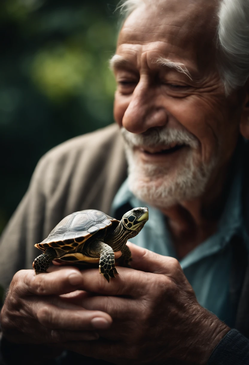 A Beautiful old man smiling as she poses for a photograph with his turtle in his hands, head to head, hyper realistic, crystal clear image